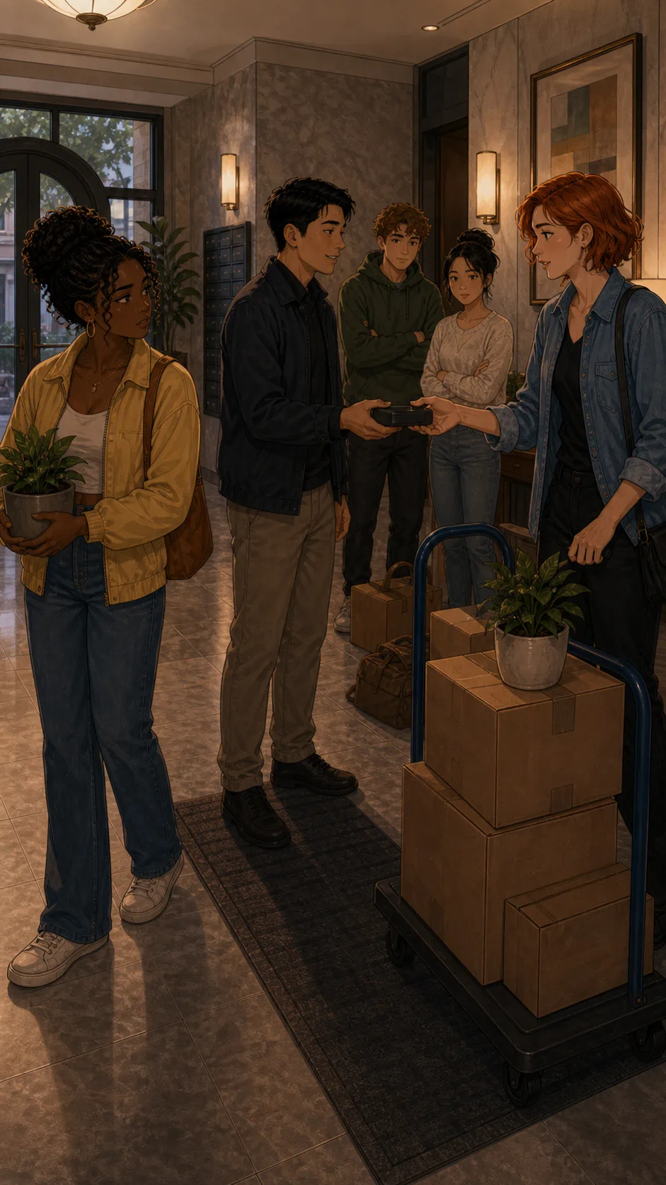 Neighbors pass Harper's doorstop around the apartment lobby.