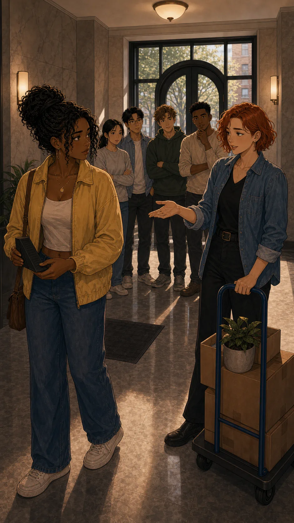 Harper and Brenna discuss the doorstop in the lobby.