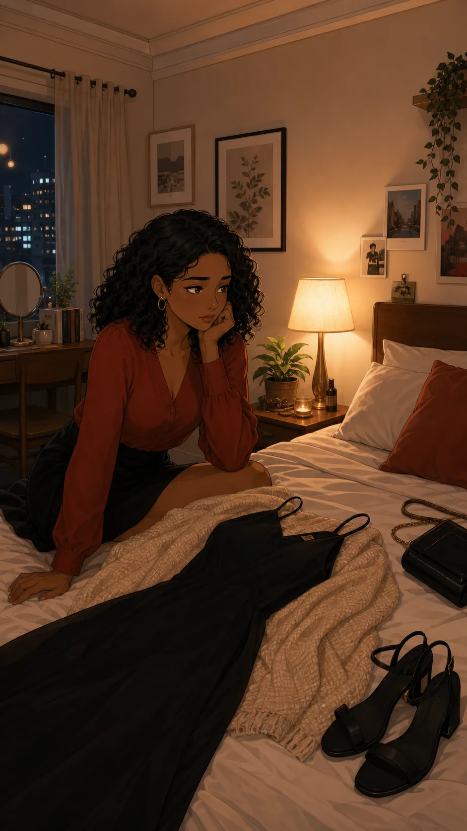 Leah prepares a simple date-night outfit in a warm generic apartment bedroom.