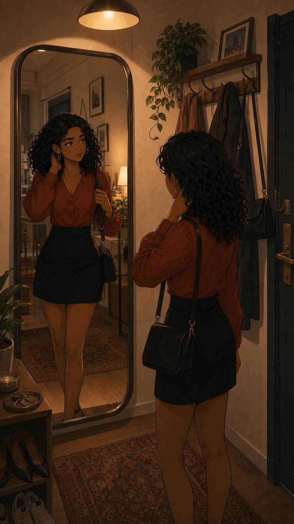 Leah leaves her generic apartment while holding a phone with only the back visible.