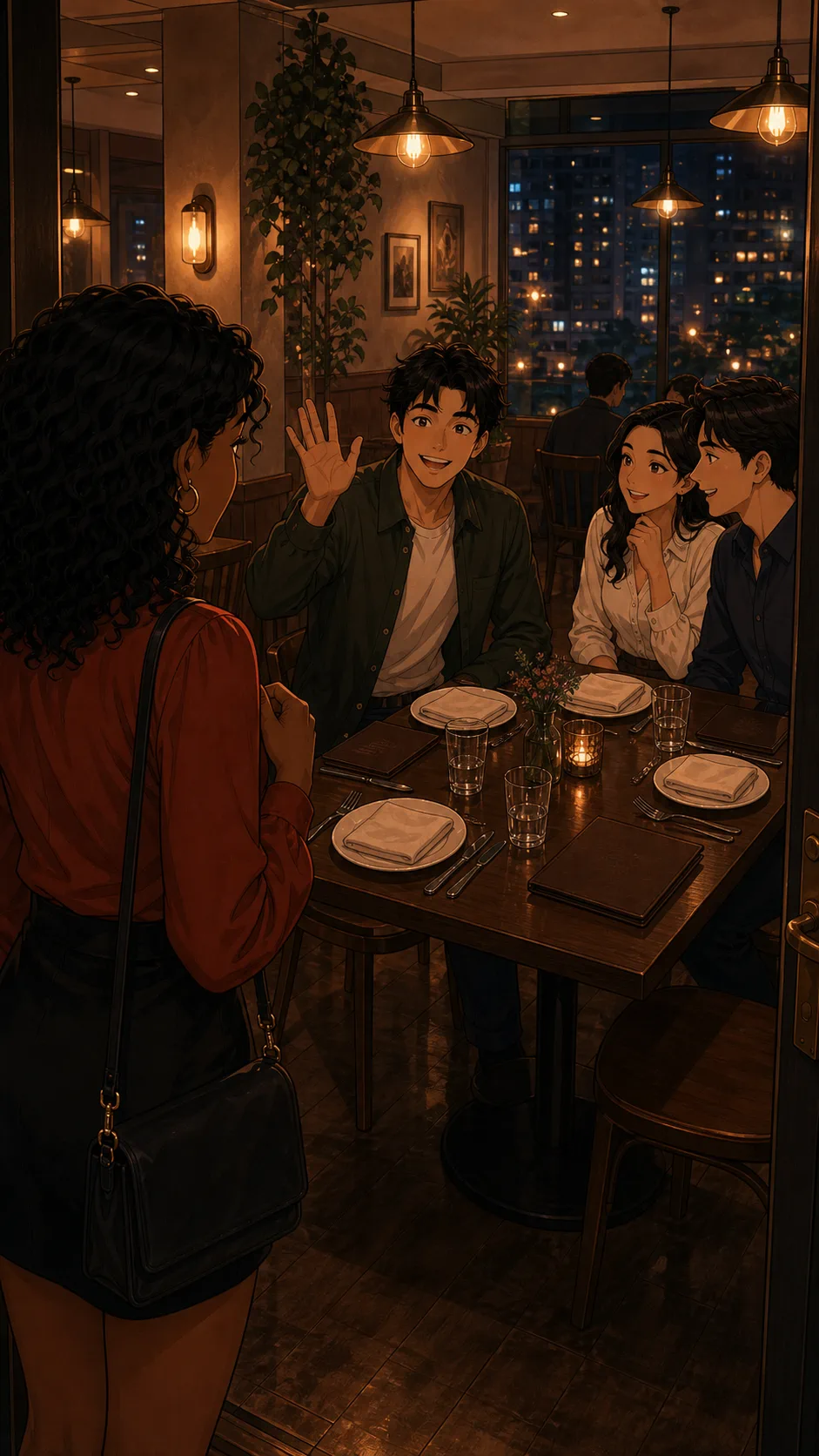 Nico waves from a generic restaurant table set for four with blank menus.