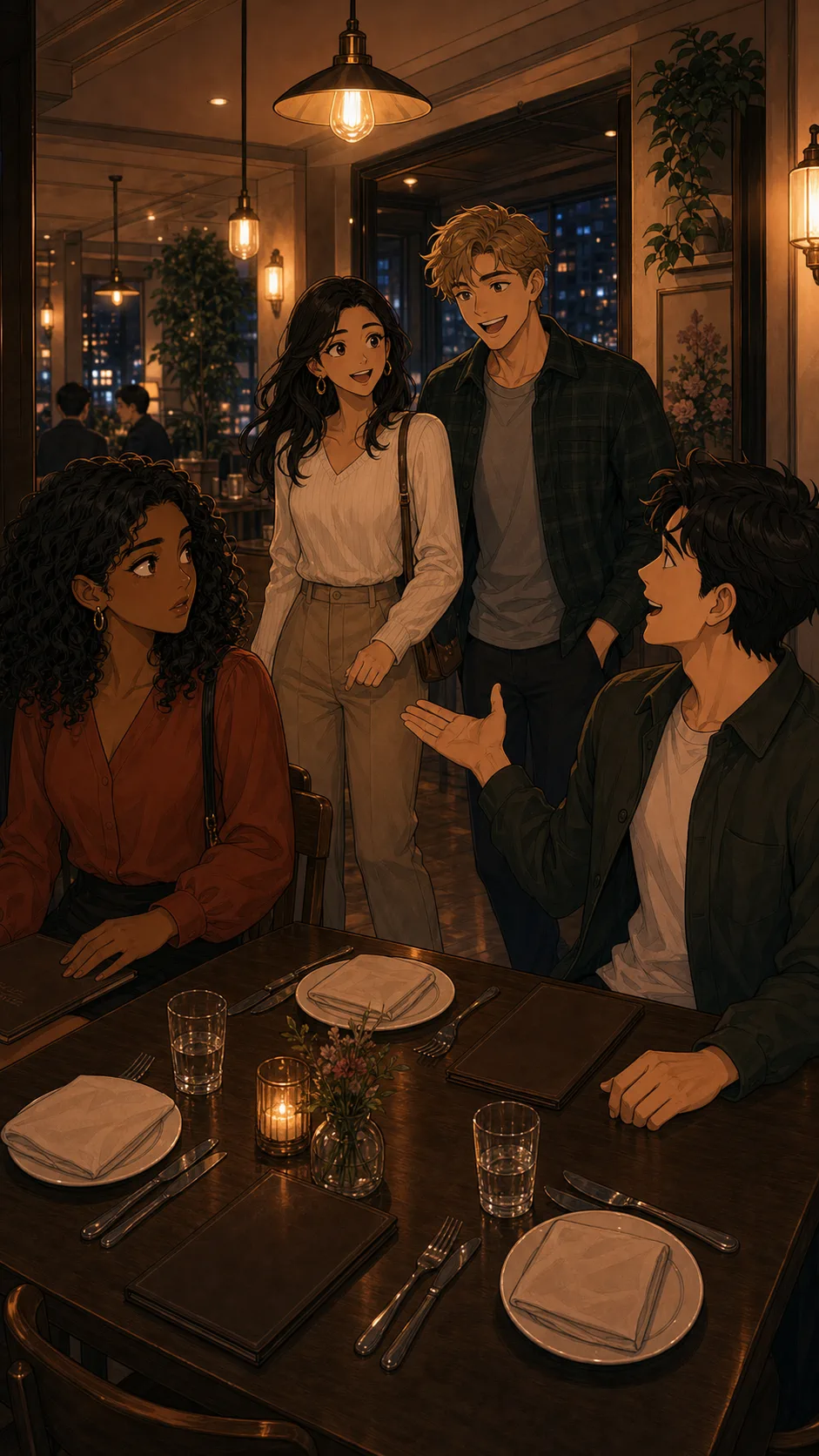 Leah looks startled as Nico introduces another couple at a generic restaurant table.