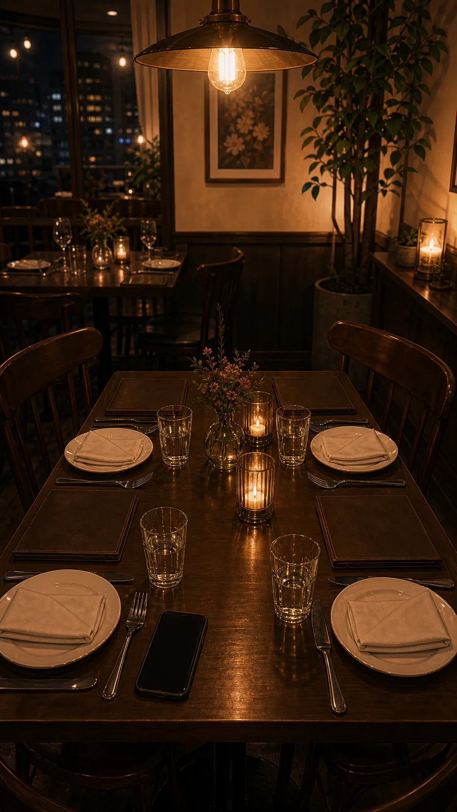 A generic restaurant table shows four place settings, blank menus, glasses, and a face-down phone.