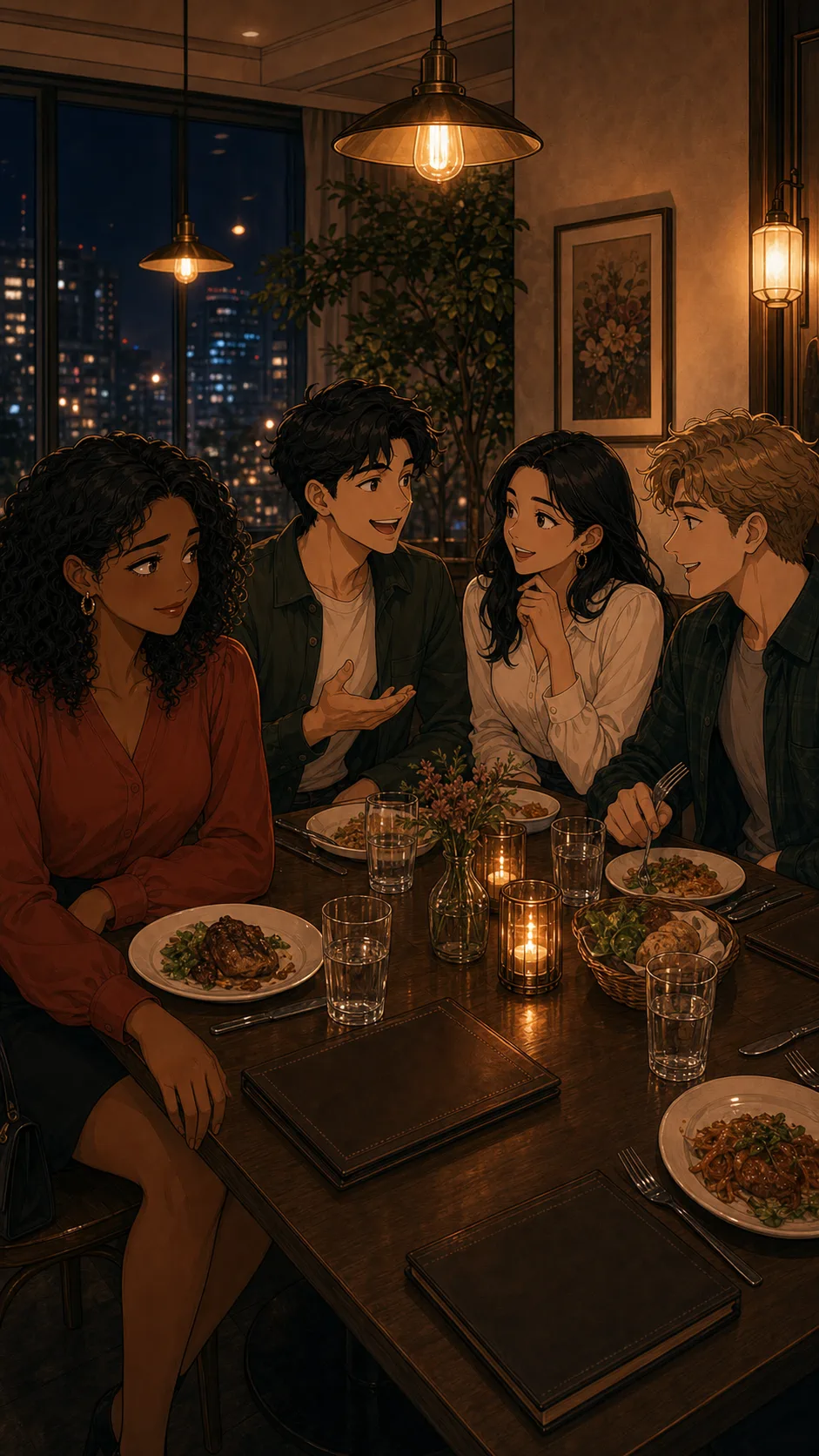 Leah sits politely but tense during a surprise double date in a generic restaurant.