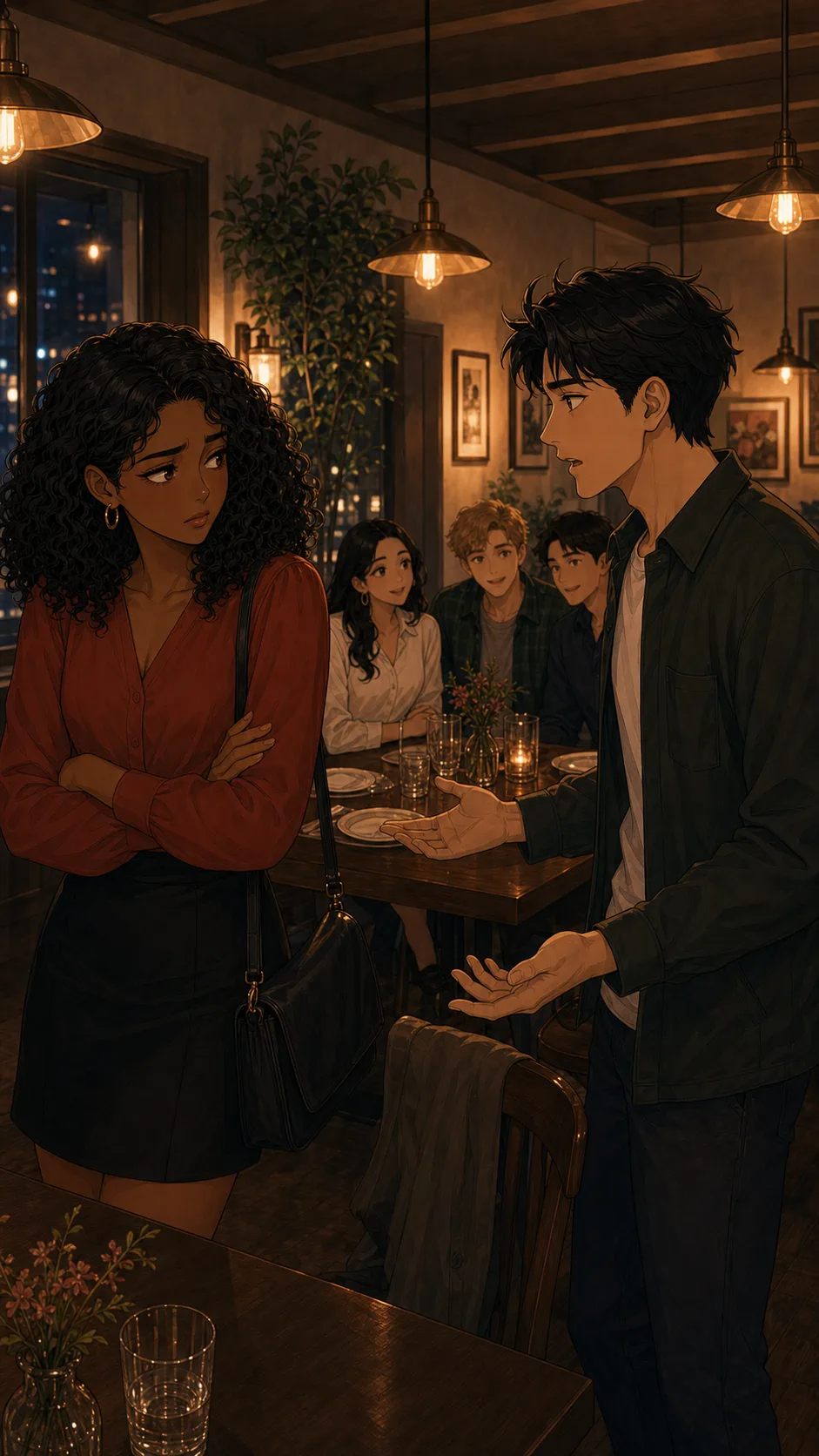 Leah and Nico talk tensely outside a generic restaurant at night.