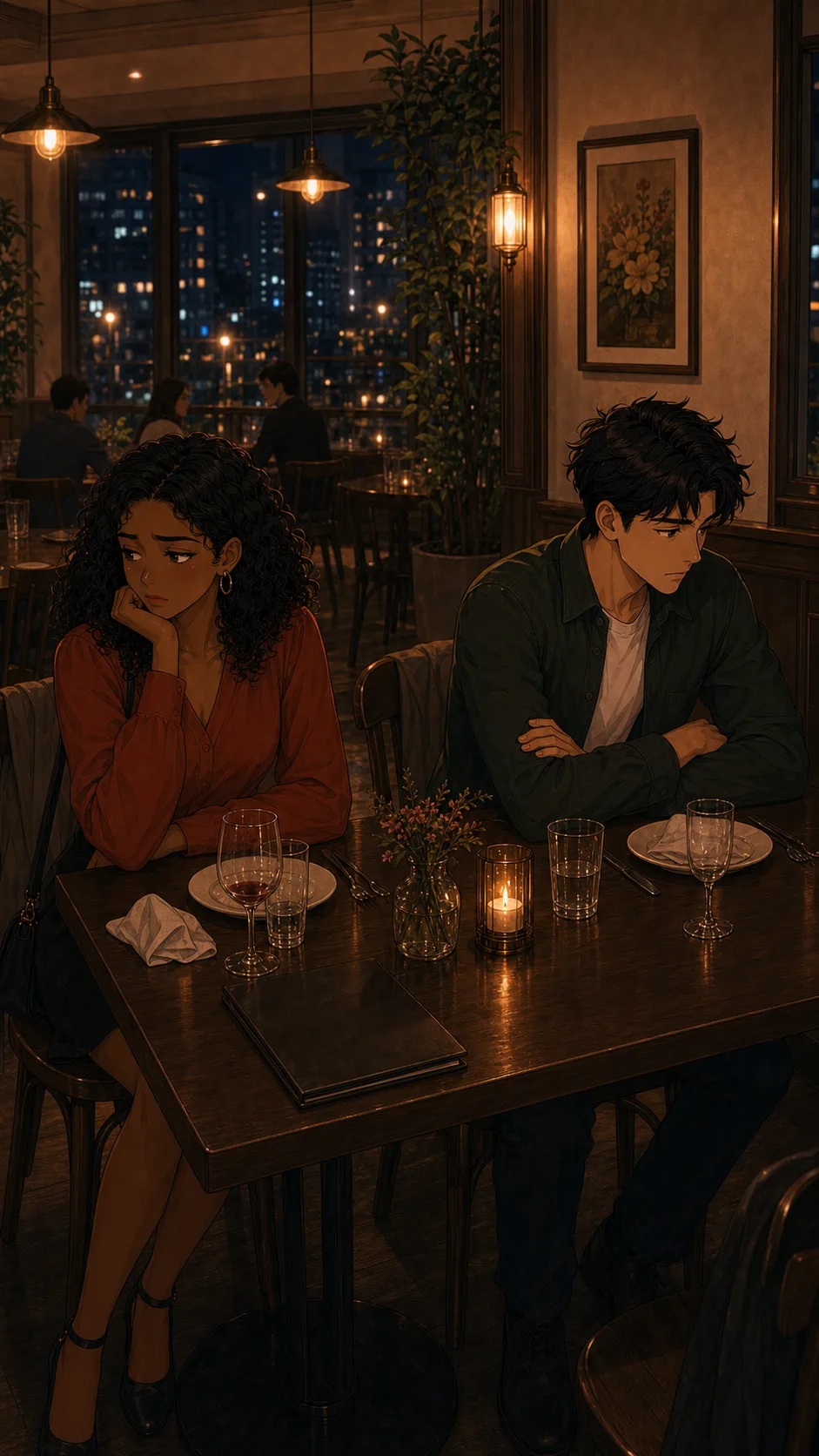 Leah and Nico sit apart at a quiet restaurant table with two empty chairs nearby.