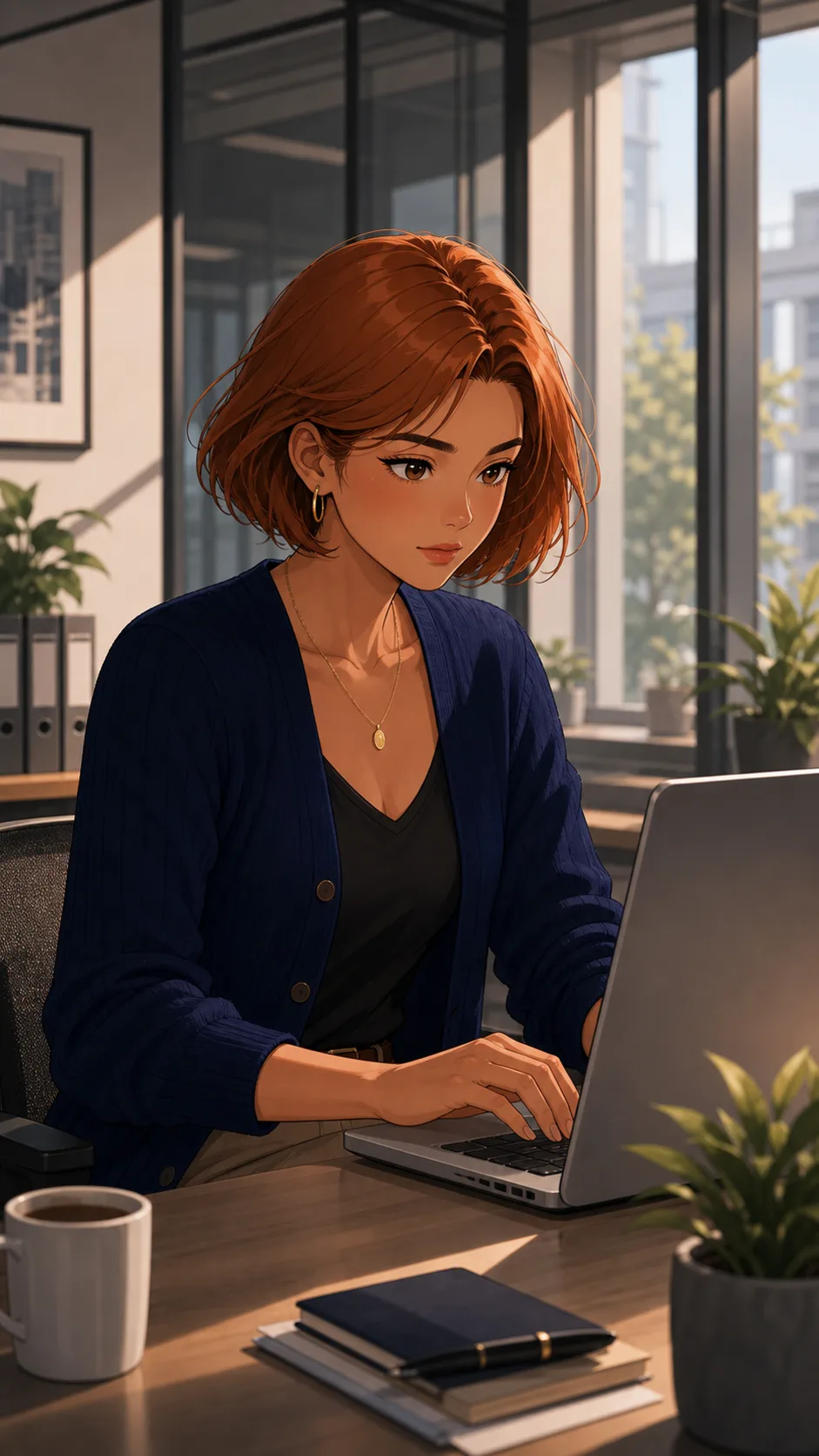 Lina types at her office desk while using a private drafting shortcut.