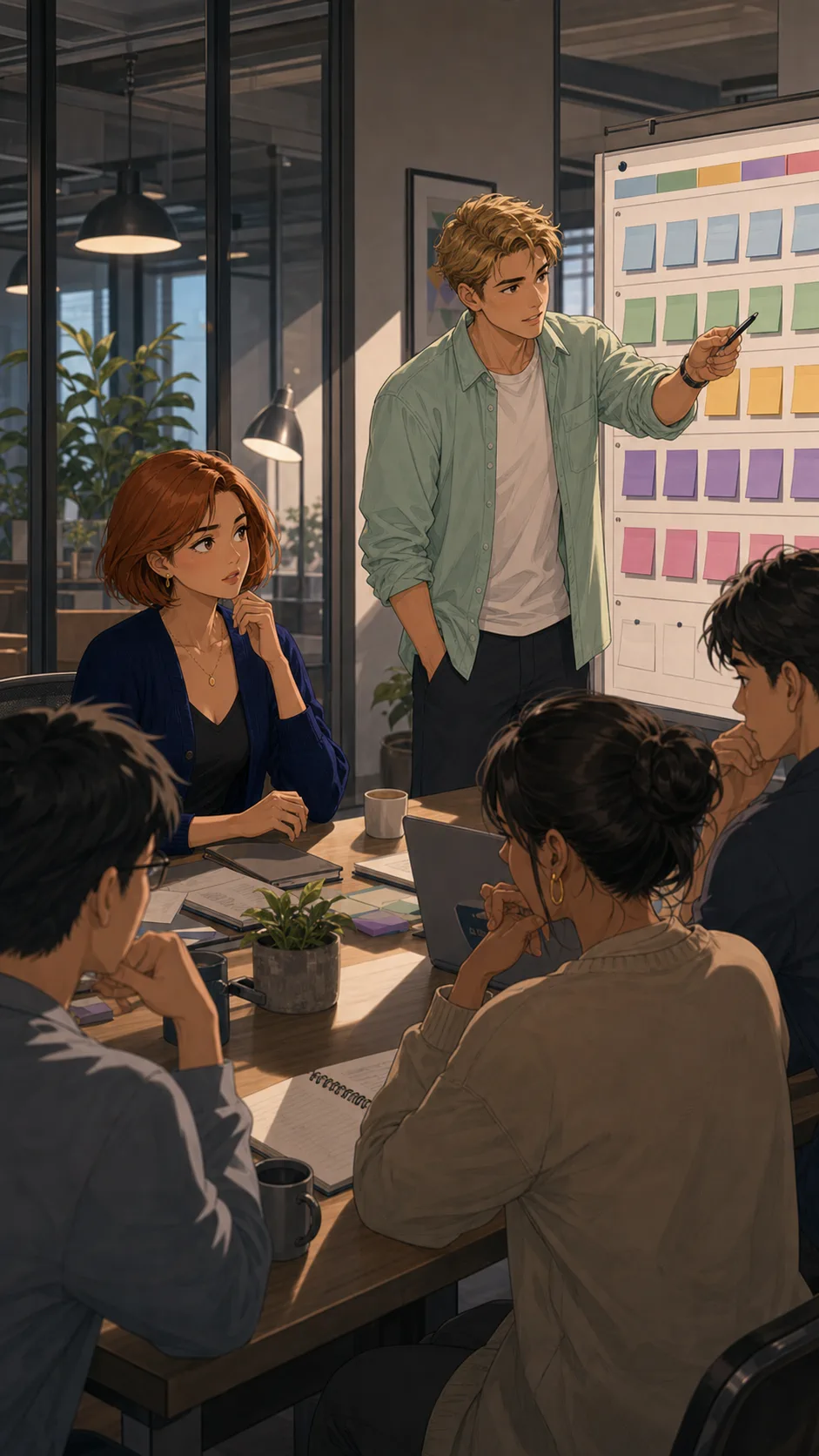 Rowan presents Lina's draft format to coworkers as a team standard.