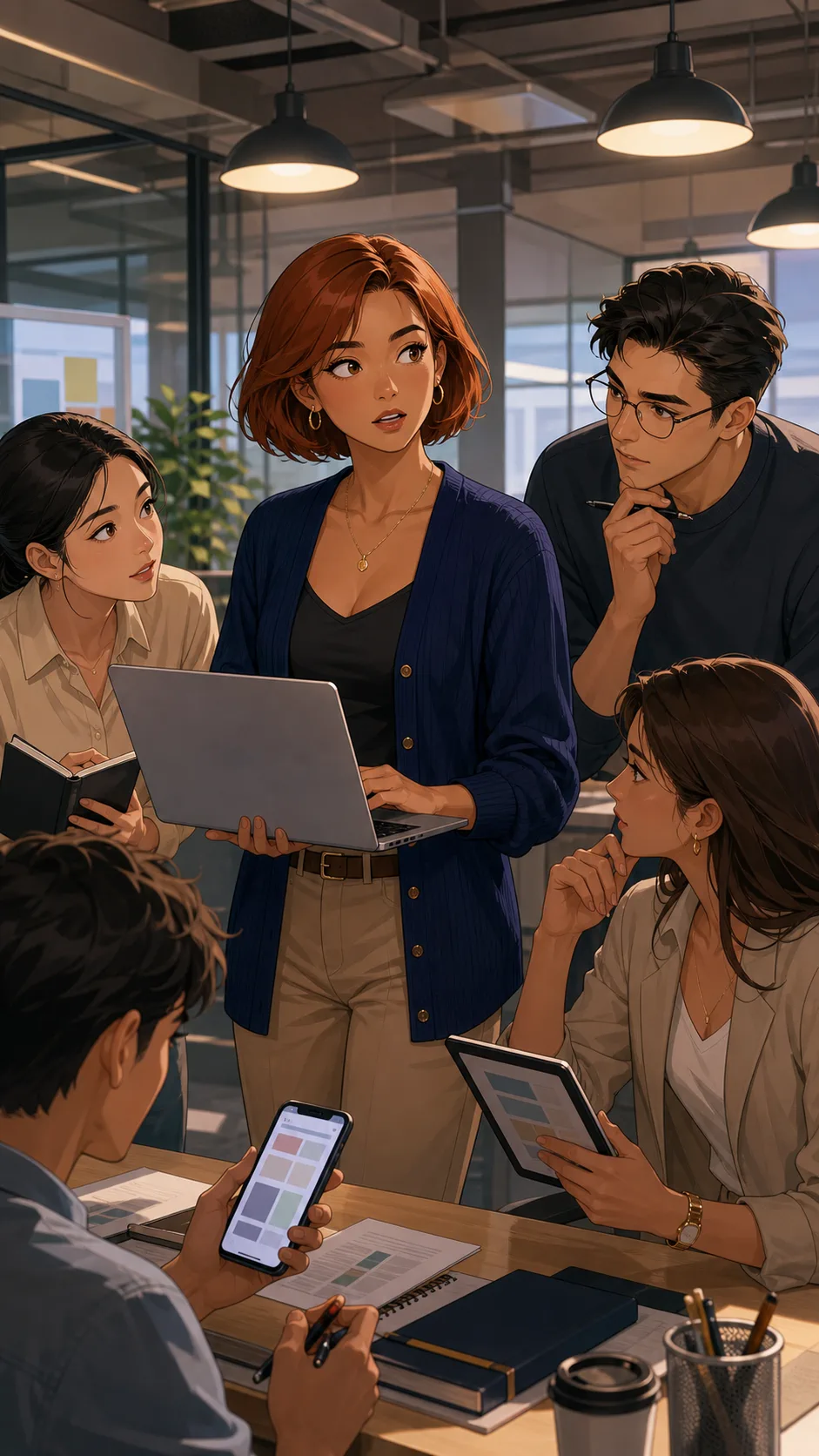 Coworkers gather around Lina to ask about the shortcut.