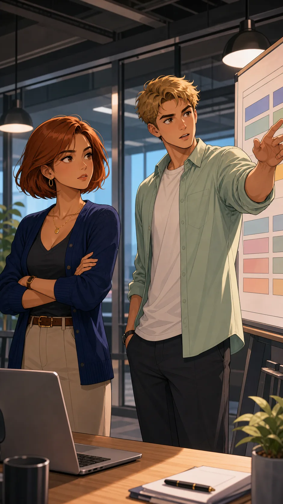 Lina and Rowan discuss the shortcut in a generic meeting room.
