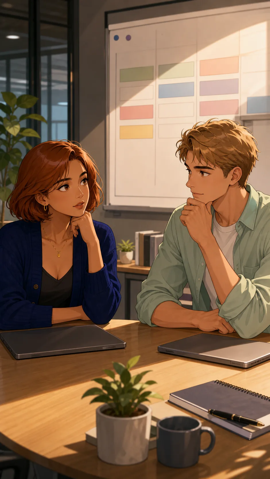 Lina and Rowan sit thoughtfully in a meeting room after the shortcut debate.