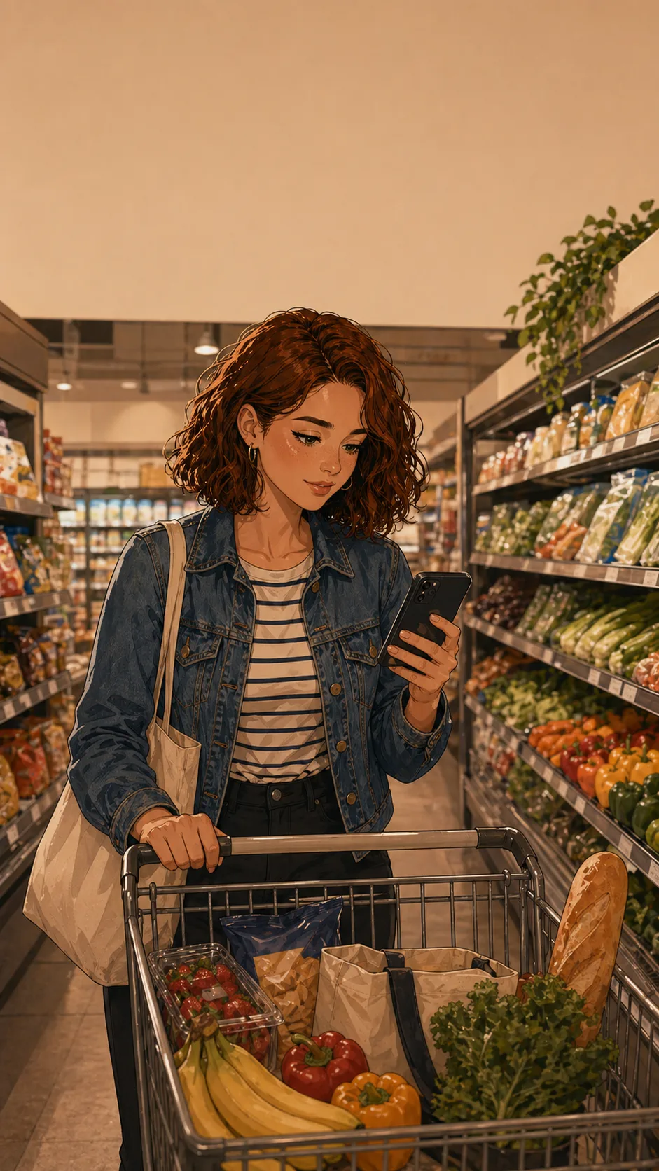 Nora pushes a cart through a generic grocery aisle while holding a phone with the screen facing herself.