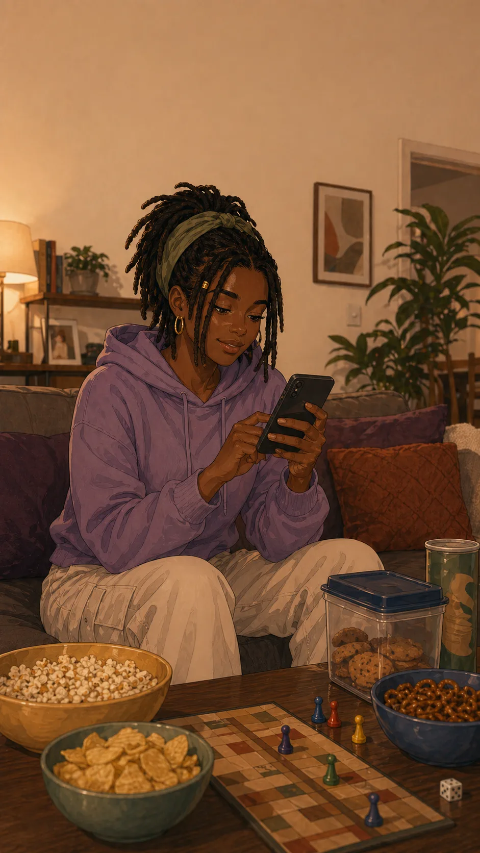 Zoe sits in a generic living room with game-night snacks nearby, editing on a phone whose screen faces her.