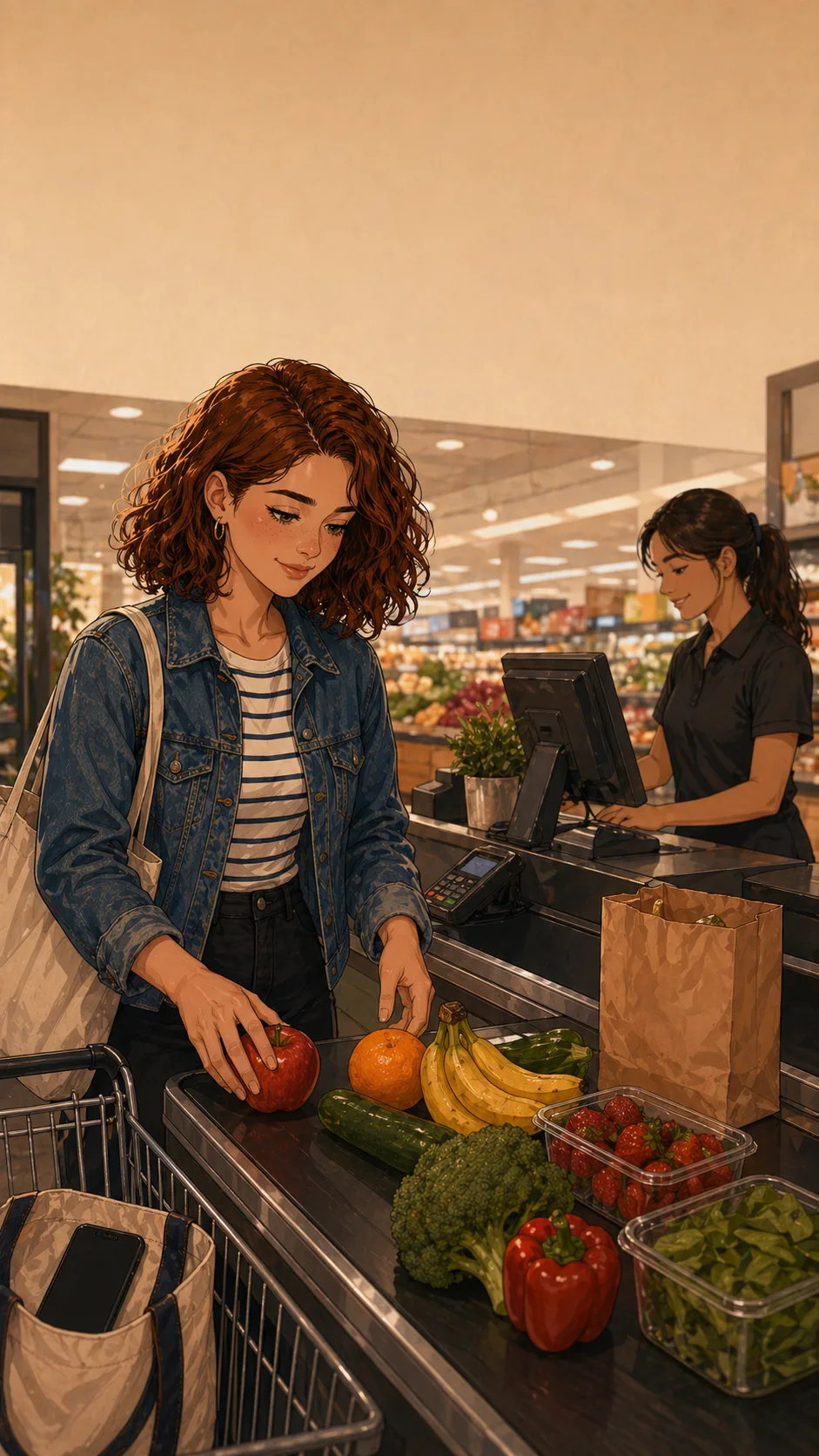 Nora checks out at a generic grocery counter with her phone face-down in the cart.