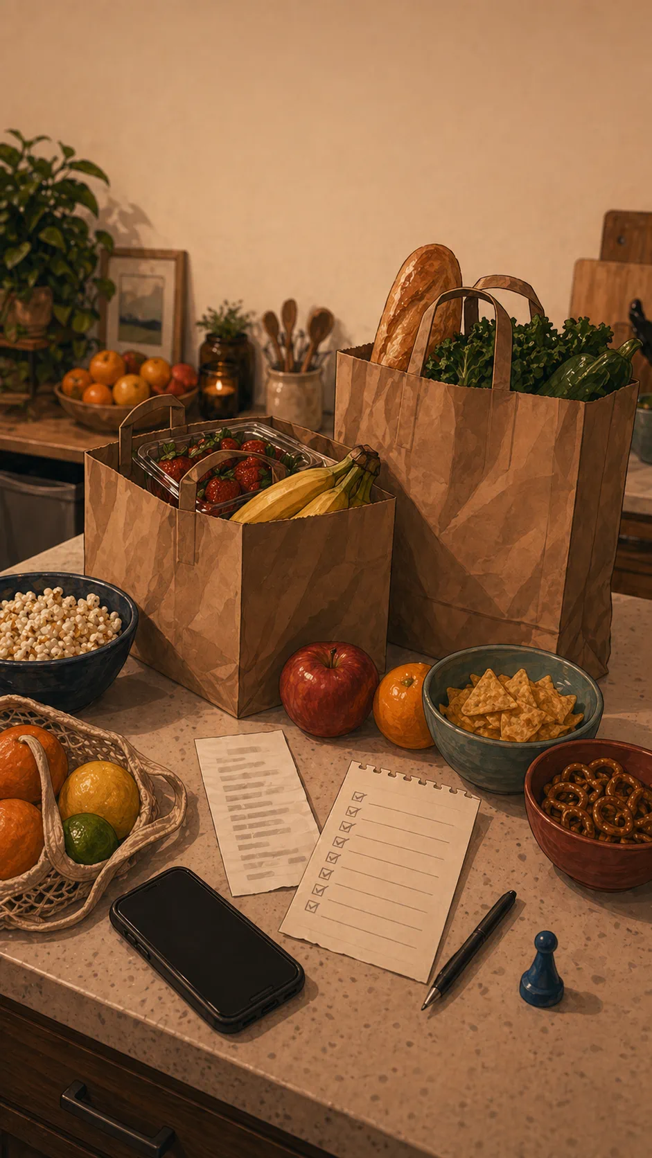 A generic kitchen counter shows grocery bags, an unreadable receipt, a blank checked list, a face-down phone, unlabeled snacks, and a board-game token.