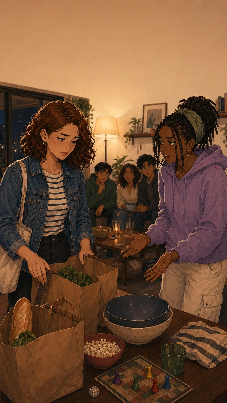 Nora stands by grocery bags while Zoe gestures toward an empty snack bowl during a generic apartment game night.