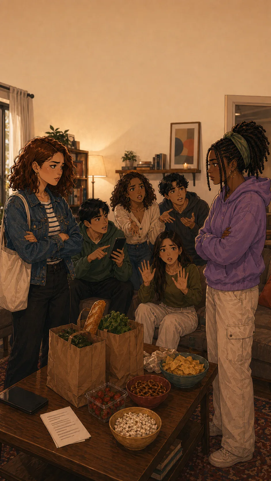 Nora, Zoe, and friends stand around a generic game-night coffee table with the group visibly split into different opinions.