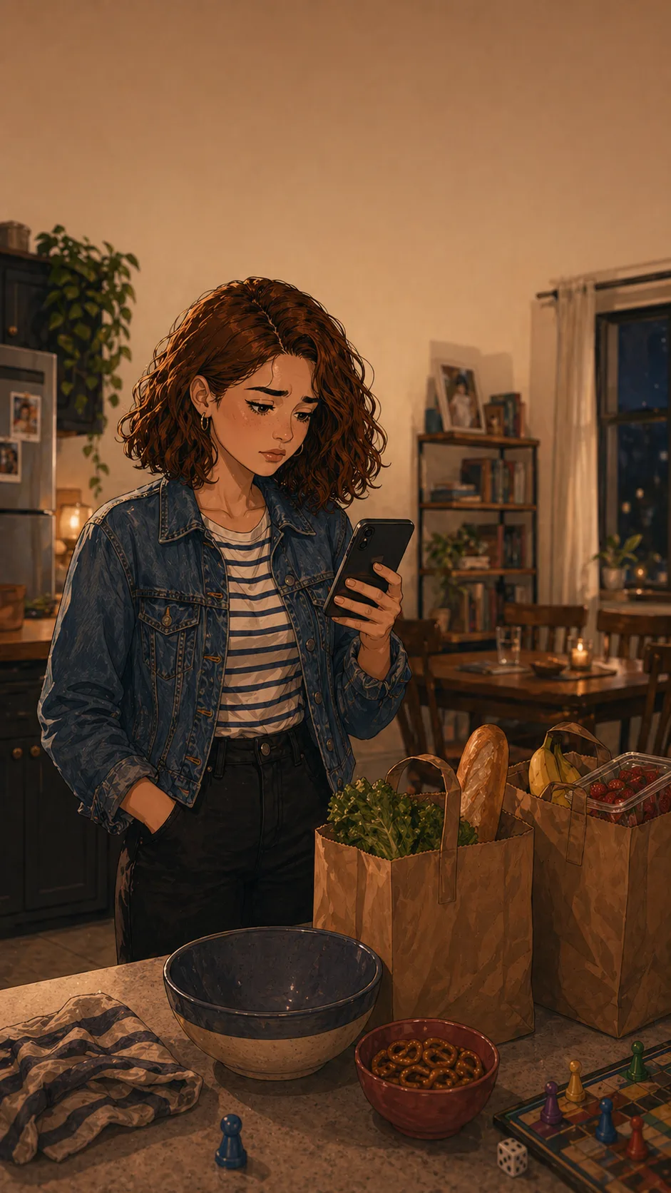 Nora stands thoughtfully beside grocery bags and an empty snack bowl while holding a phone with the screen facing herself.