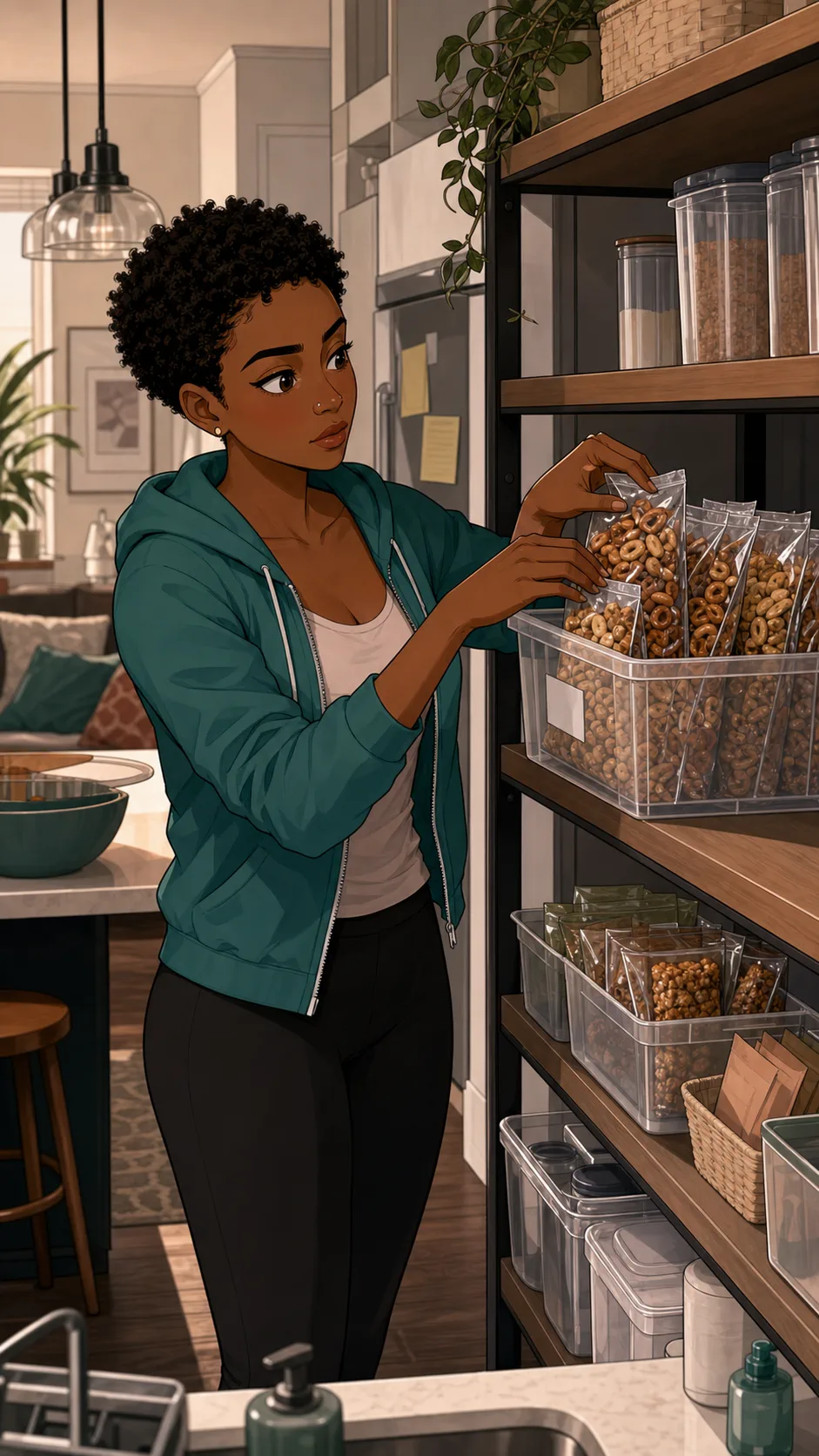Ava organizes unbranded snack packs in a clear kitchen bin.
