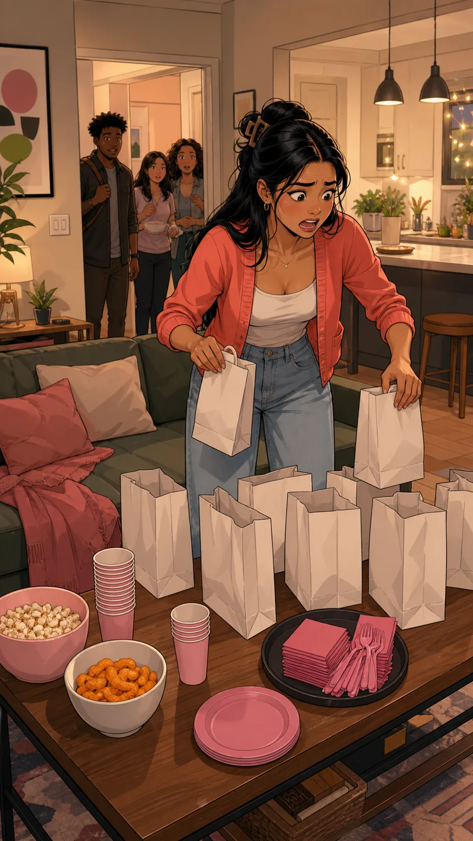 Mira looks worried beside empty favor bags in a generic living room.