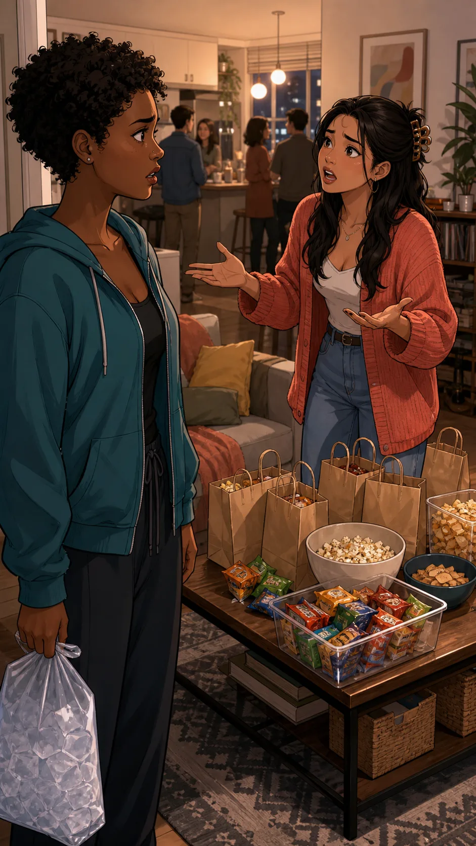 Mira explains while Ava looks hurt near a coffee table.