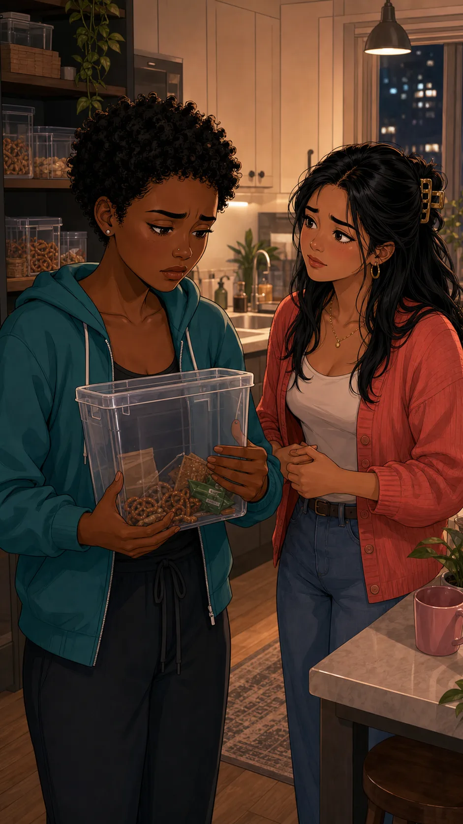 Ava holds a nearly empty snack bin while Mira listens.
