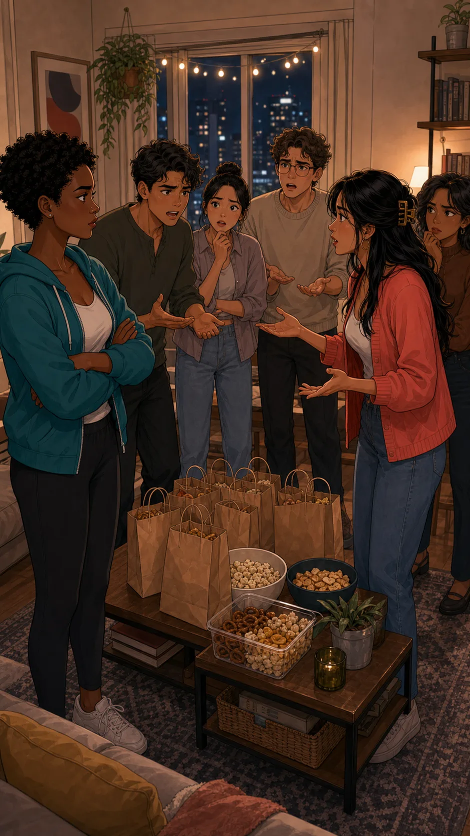 Friends debate around a table with blank snack bags.