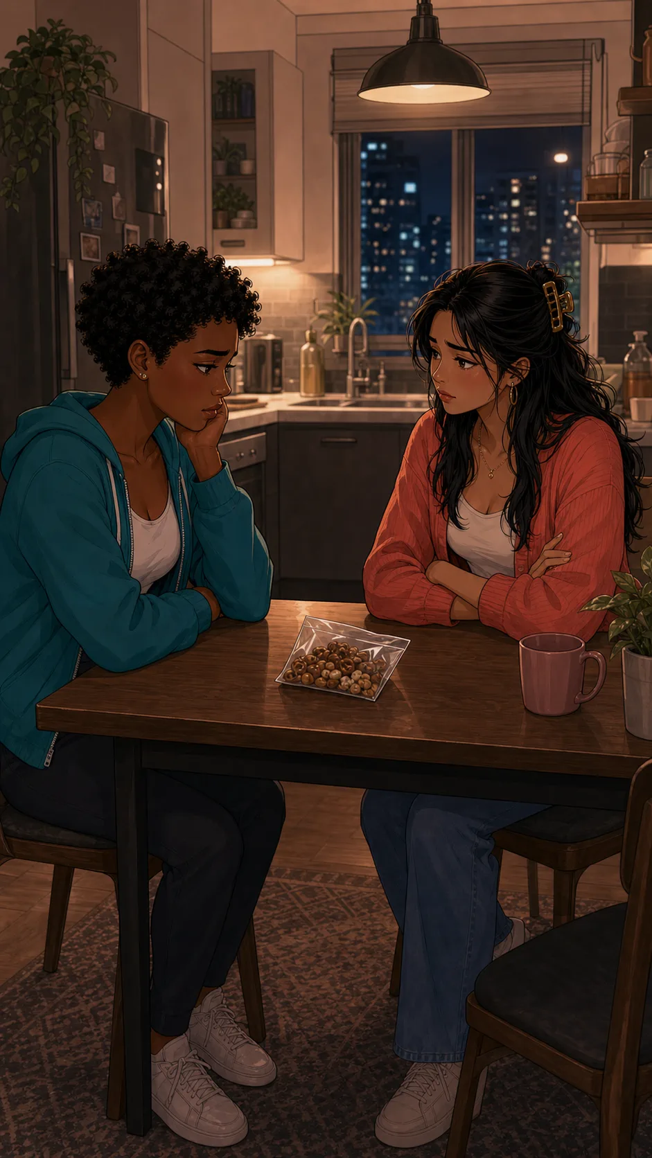 Ava and Mira sit across from each other with one snack bag on the table.