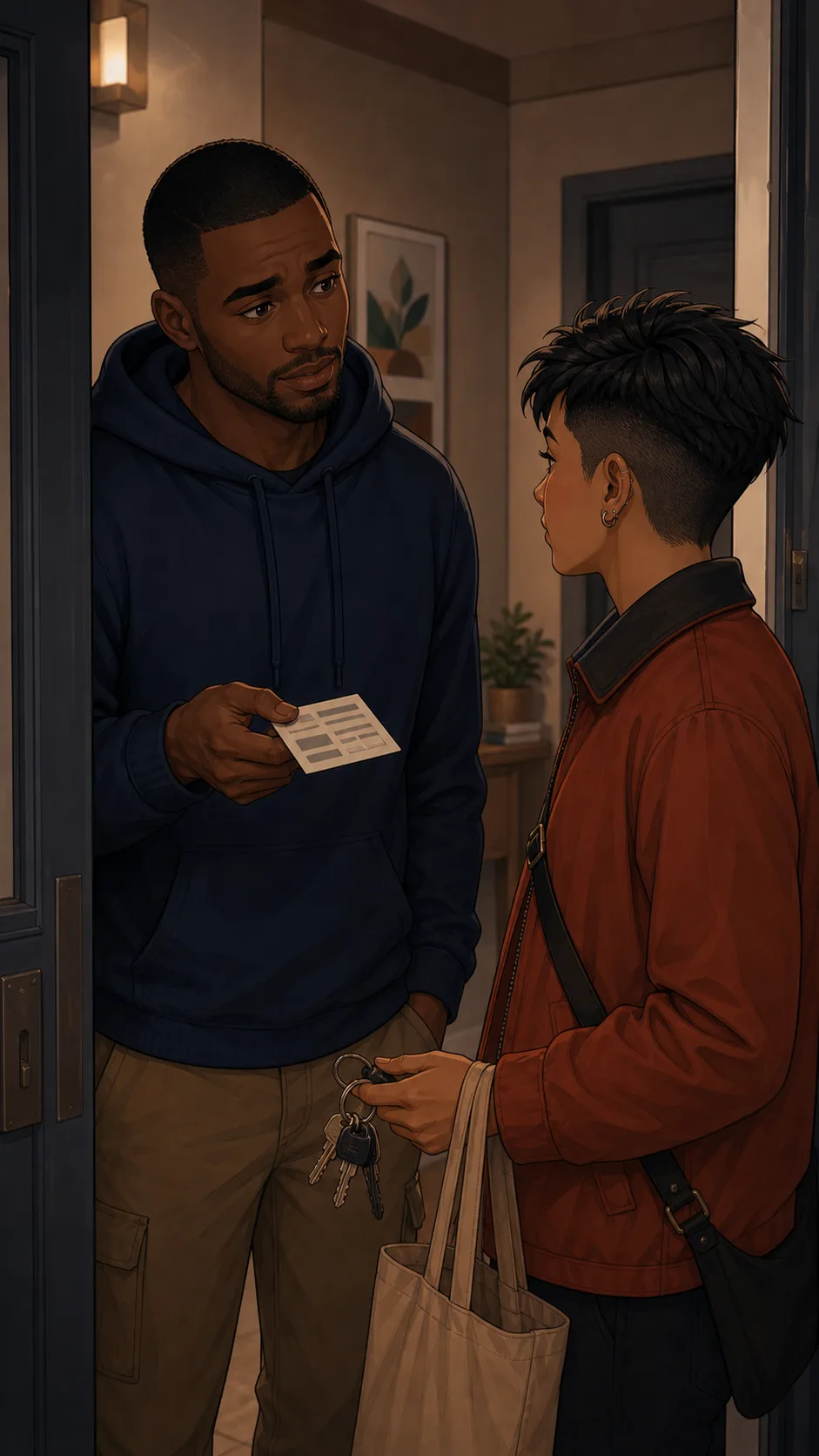 Blake asks Ari for one pickup near the apartment door.