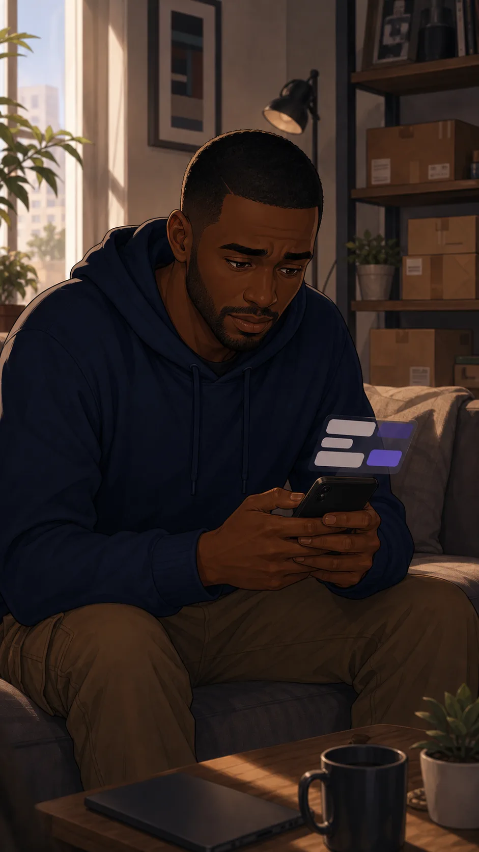 Blake types in an apartment chat on his phone.