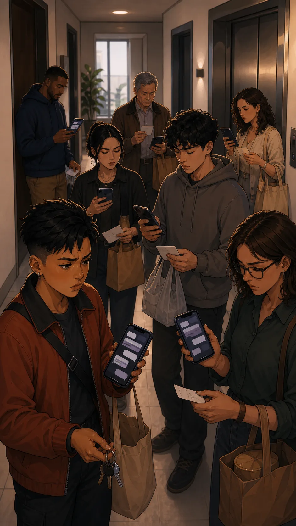 Apartment neighbors add pickup requests from the hallway.