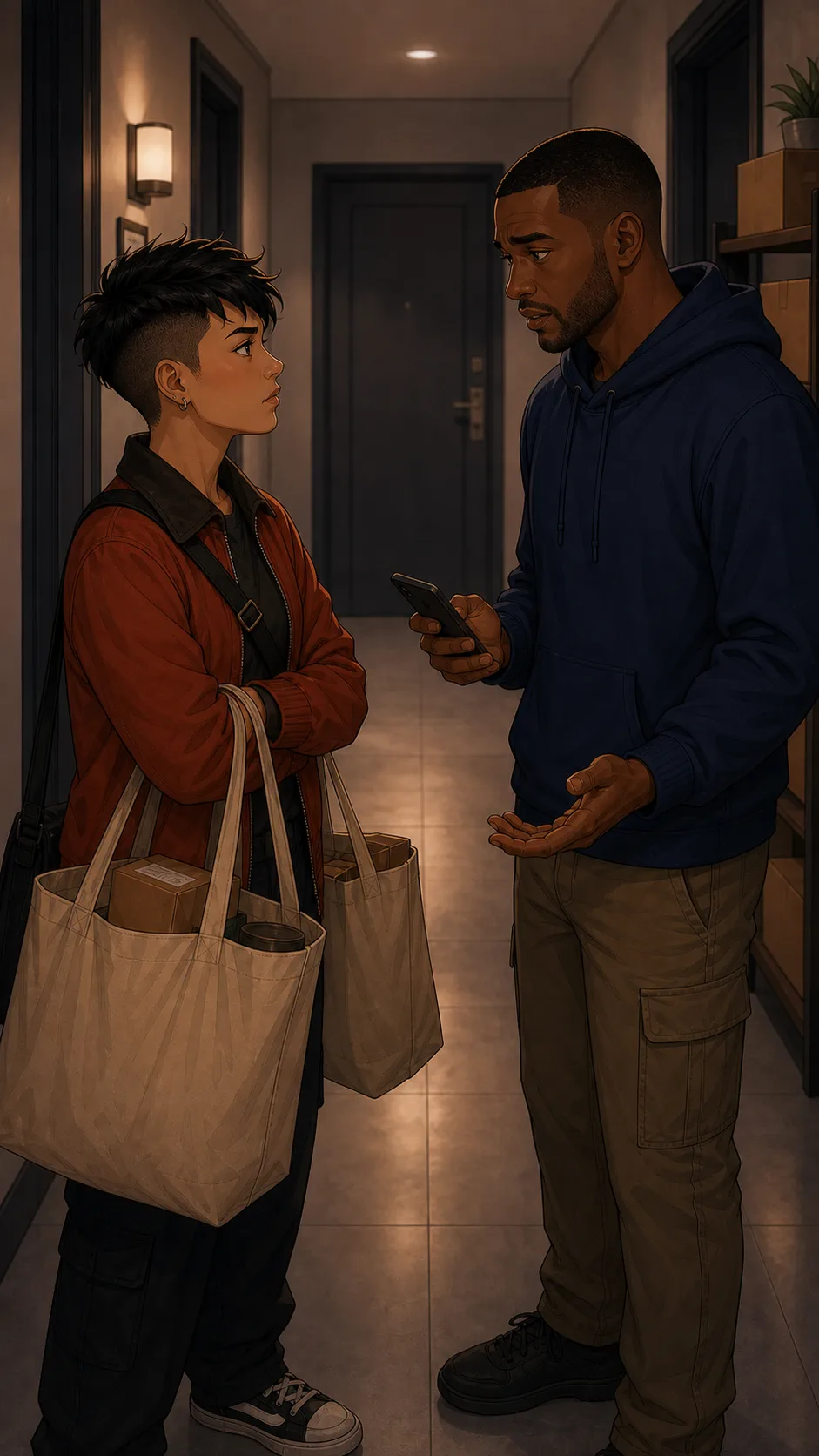 Ari and Blake debate the pickup run in an apartment hallway.