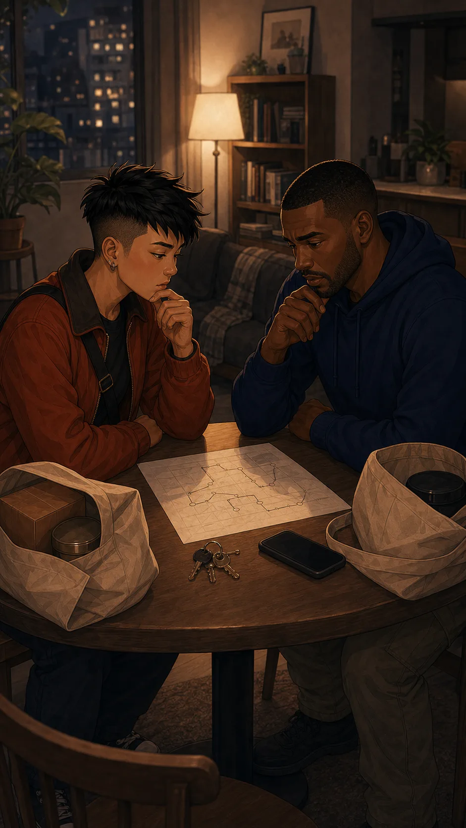 Ari and Blake sit with bags, keys, and an unreadable route sheet between them.