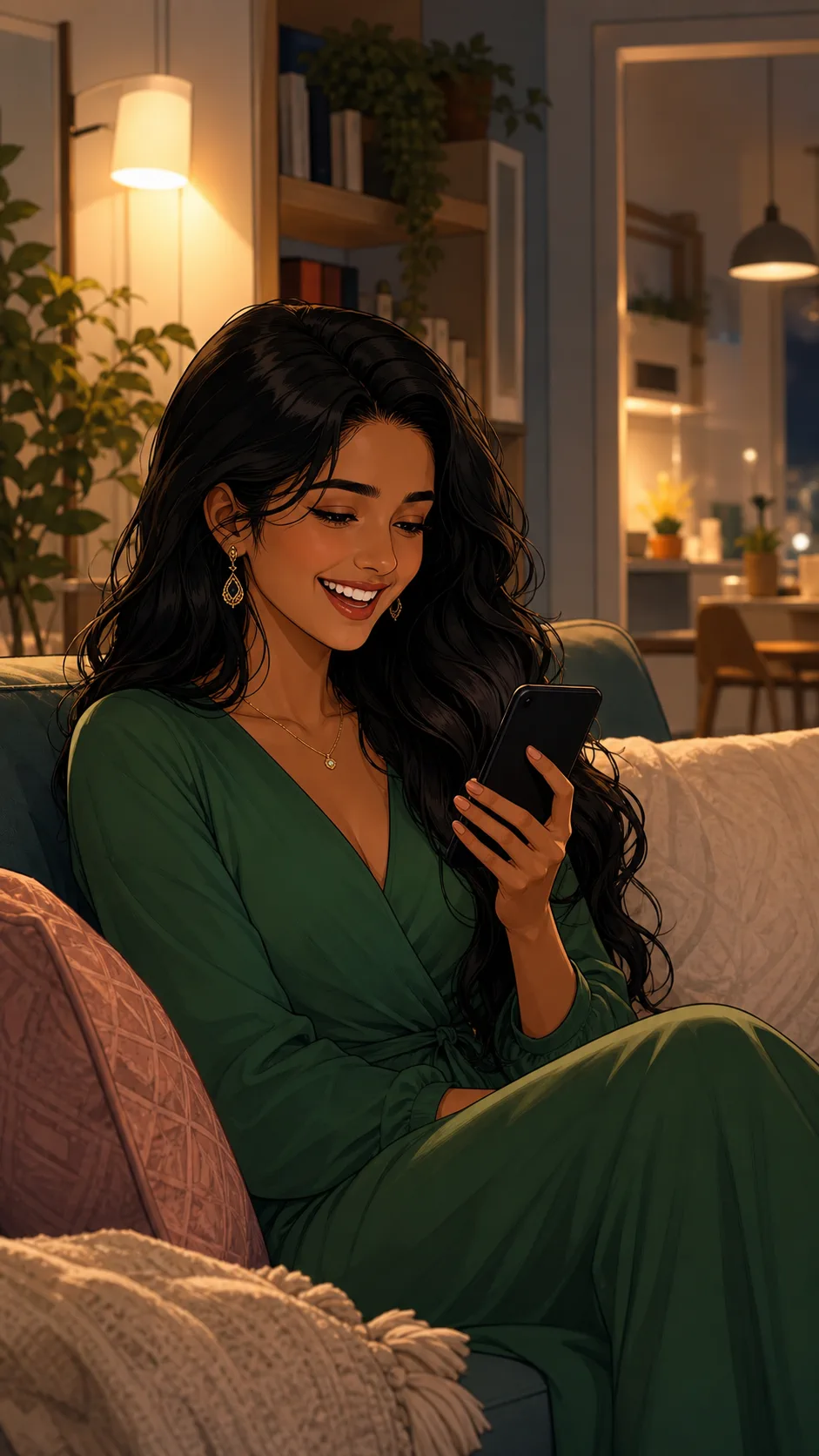 Priya laughs while sending a private family photo from her phone.