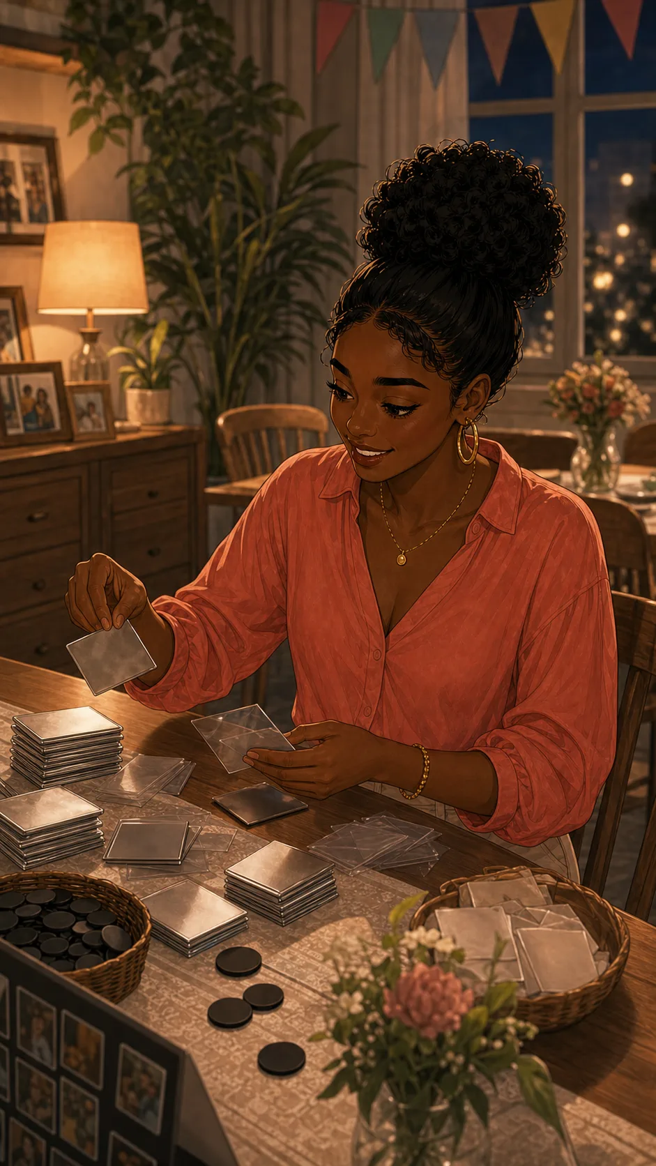Kendall plans small reunion keepsakes at a table.