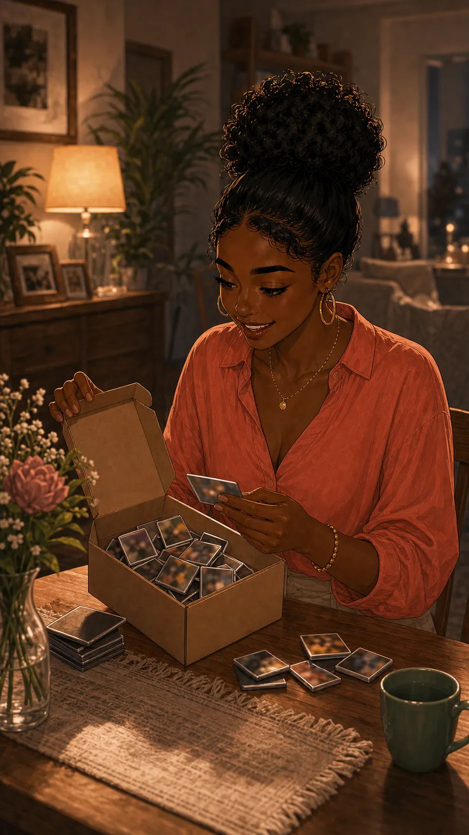 Kendall opens a box of reunion magnets with an abstract photo design.