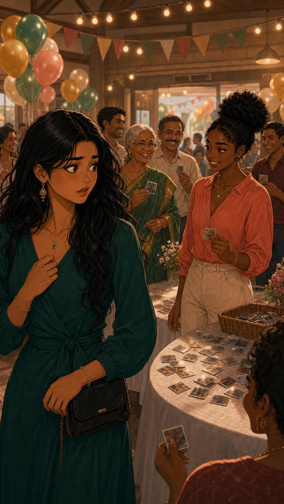 Priya sees relatives holding reunion magnets with the photo design.
