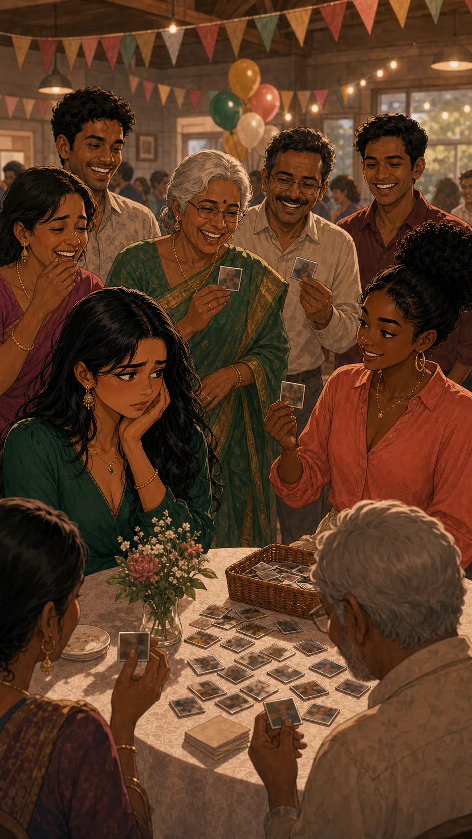 Family members laugh fondly while Priya looks embarrassed.