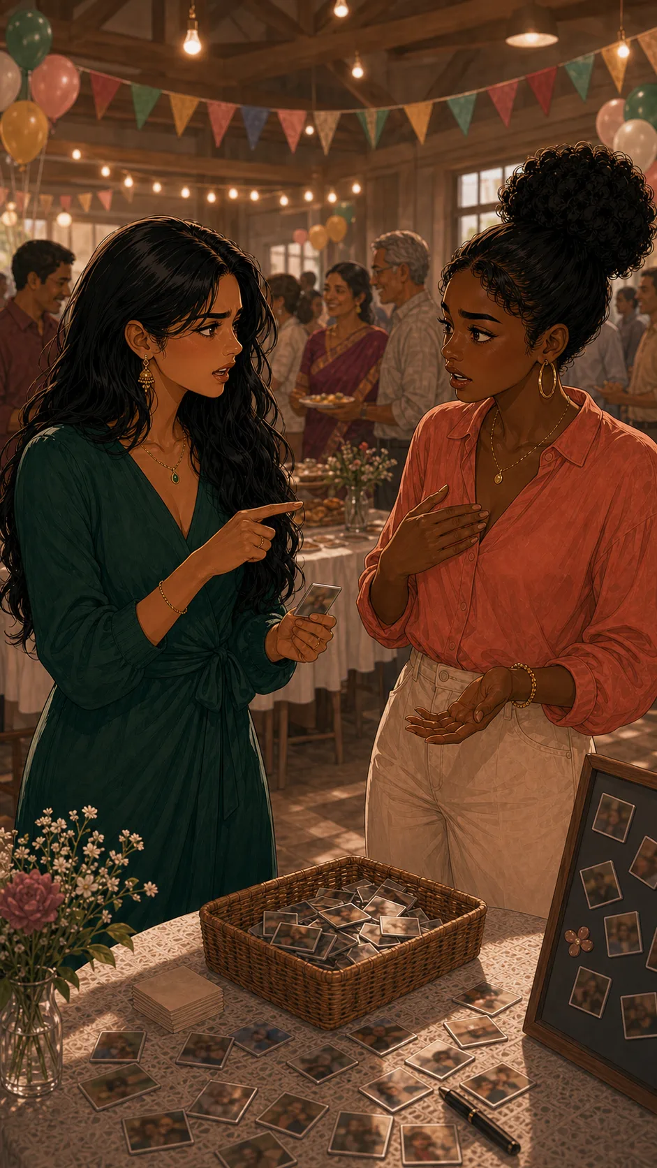 Priya confronts Kendall beside the reunion keepsake table.