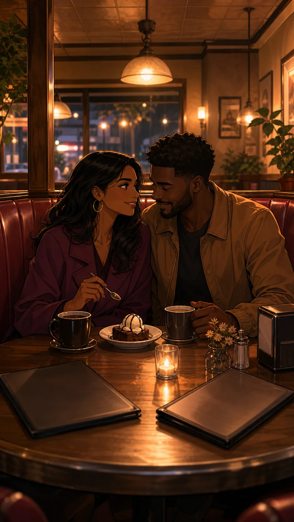 Nina and Eli sit in their favorite generic diner booth.