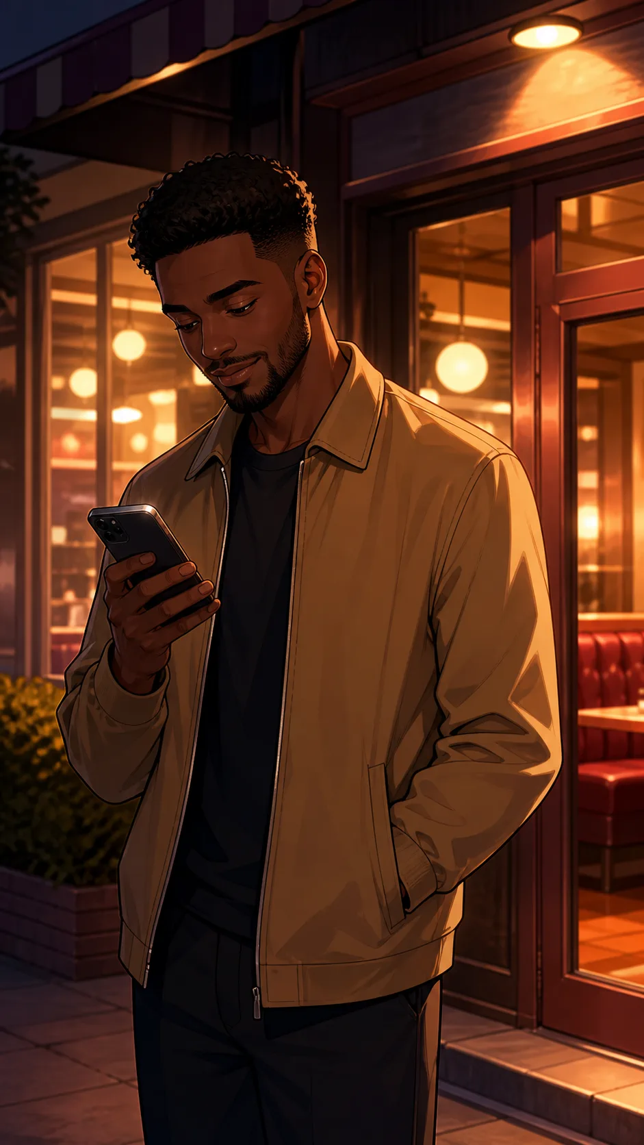 Eli checks a reservation on his phone outside a diner.