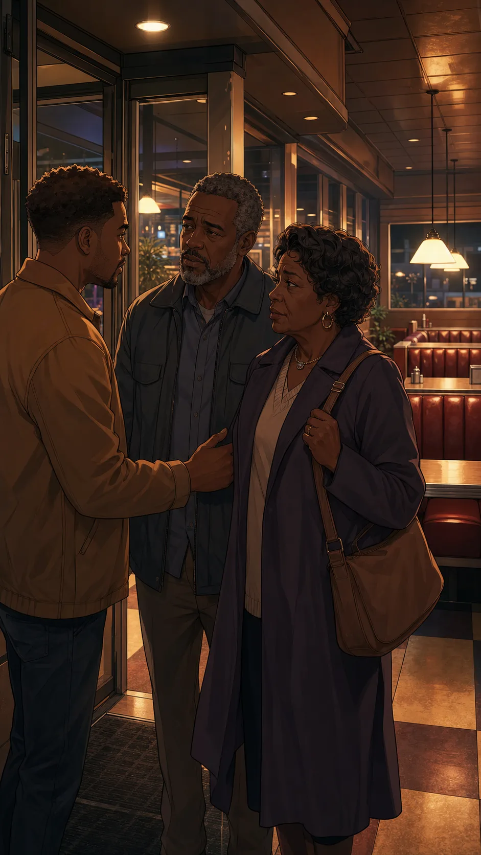 Eli greets his parents at a generic diner entrance.