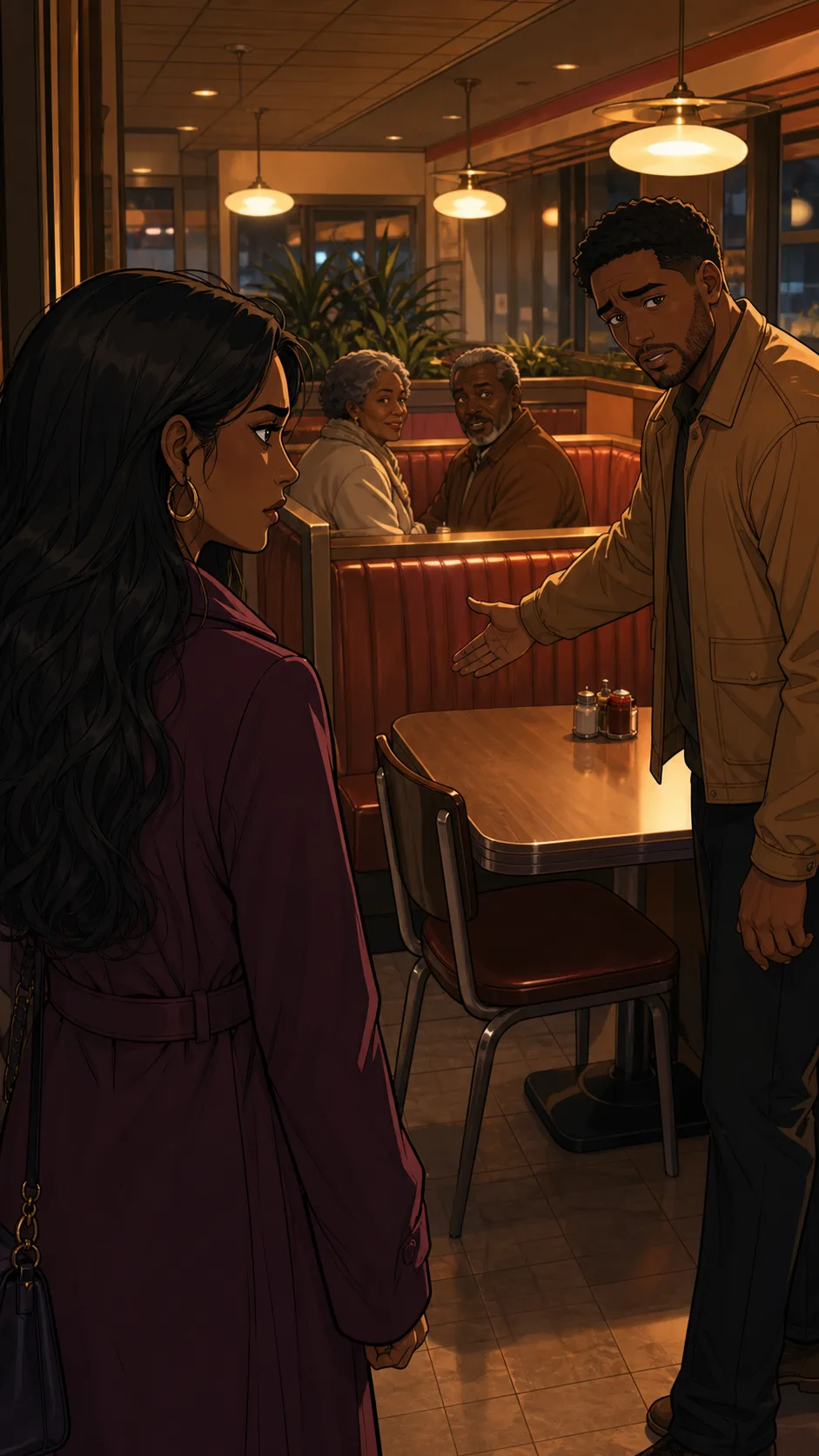 Nina arrives at the diner and sees their booth occupied.