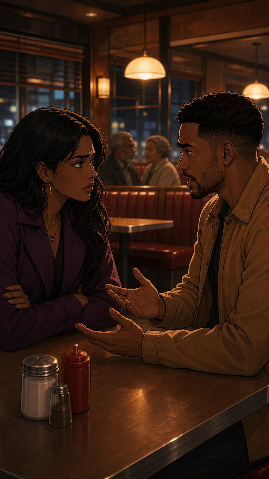 Nina and Eli talk at a regular diner table.