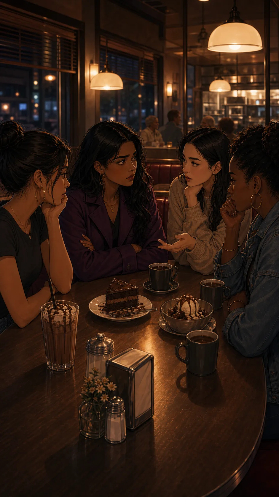 Nina discusses the diner booth conflict with friends.