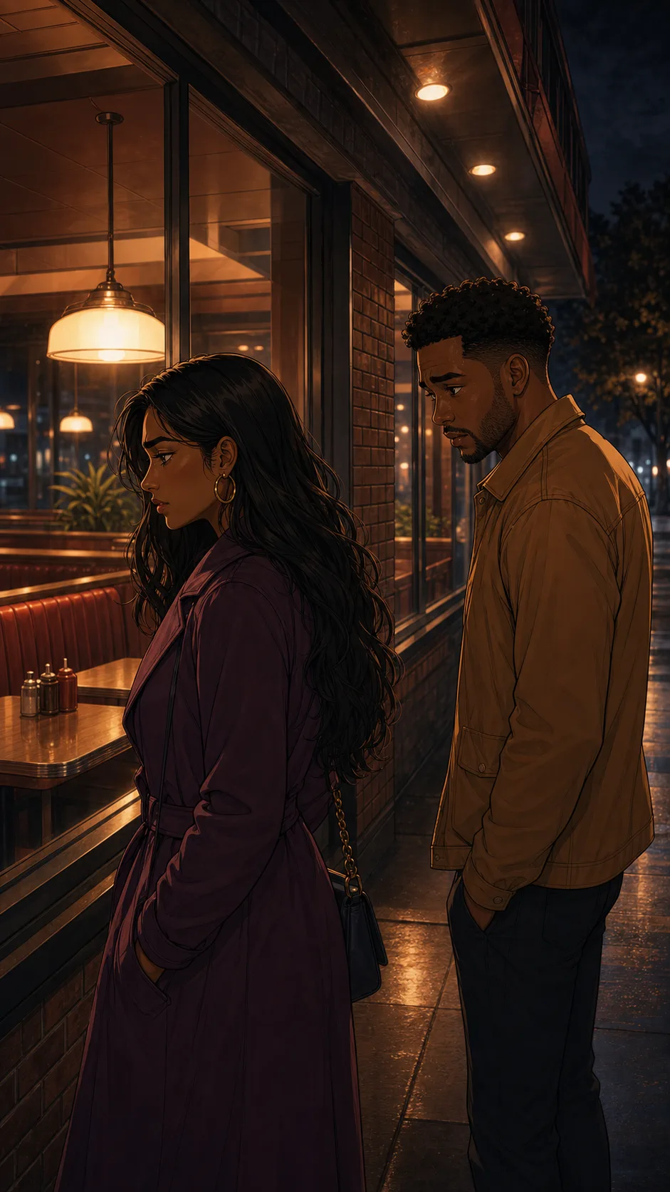Nina and Eli stand outside a generic diner after the booth conflict.