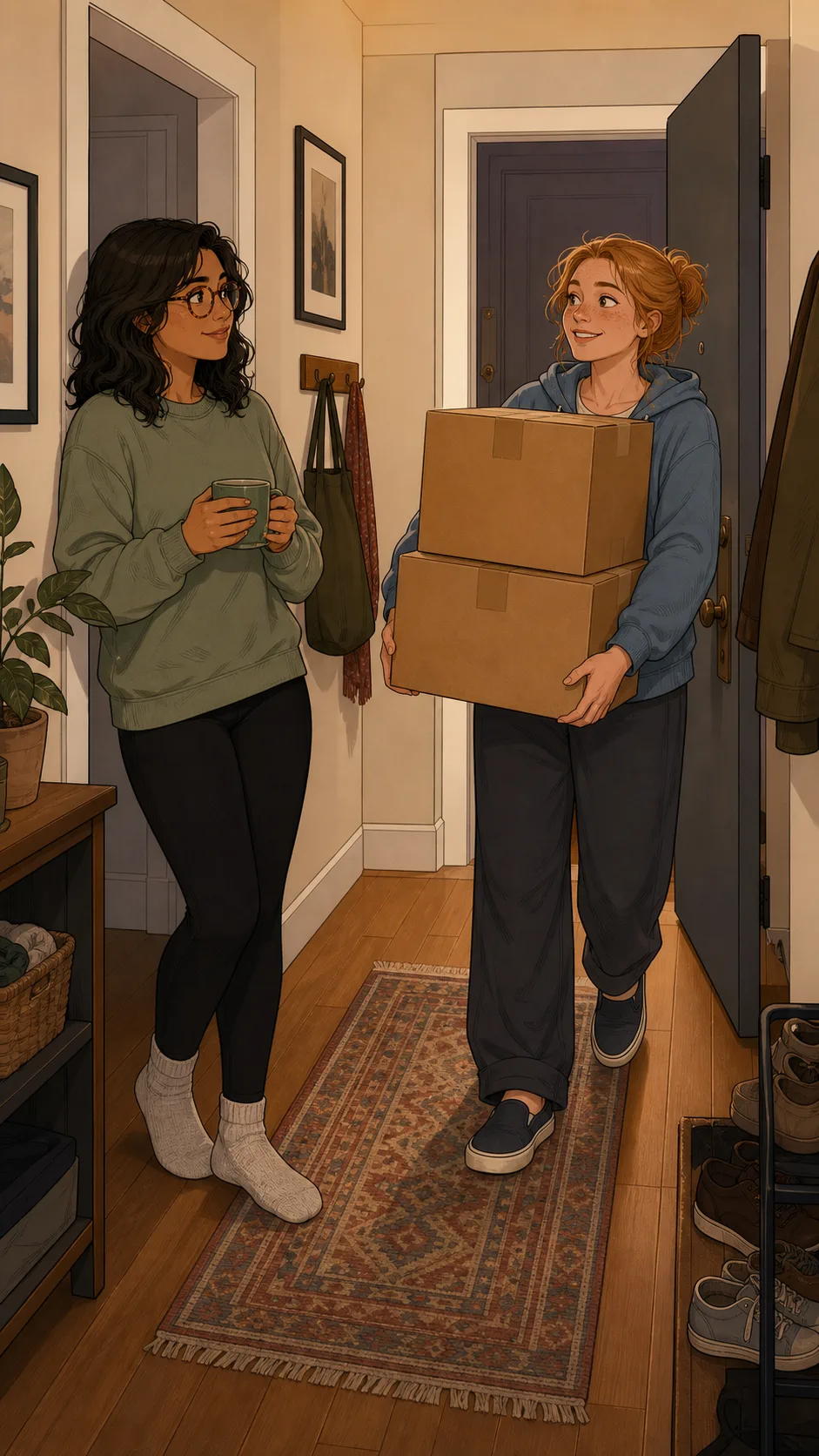 Elise carries plain moving boxes into the hallway while Mara listens.