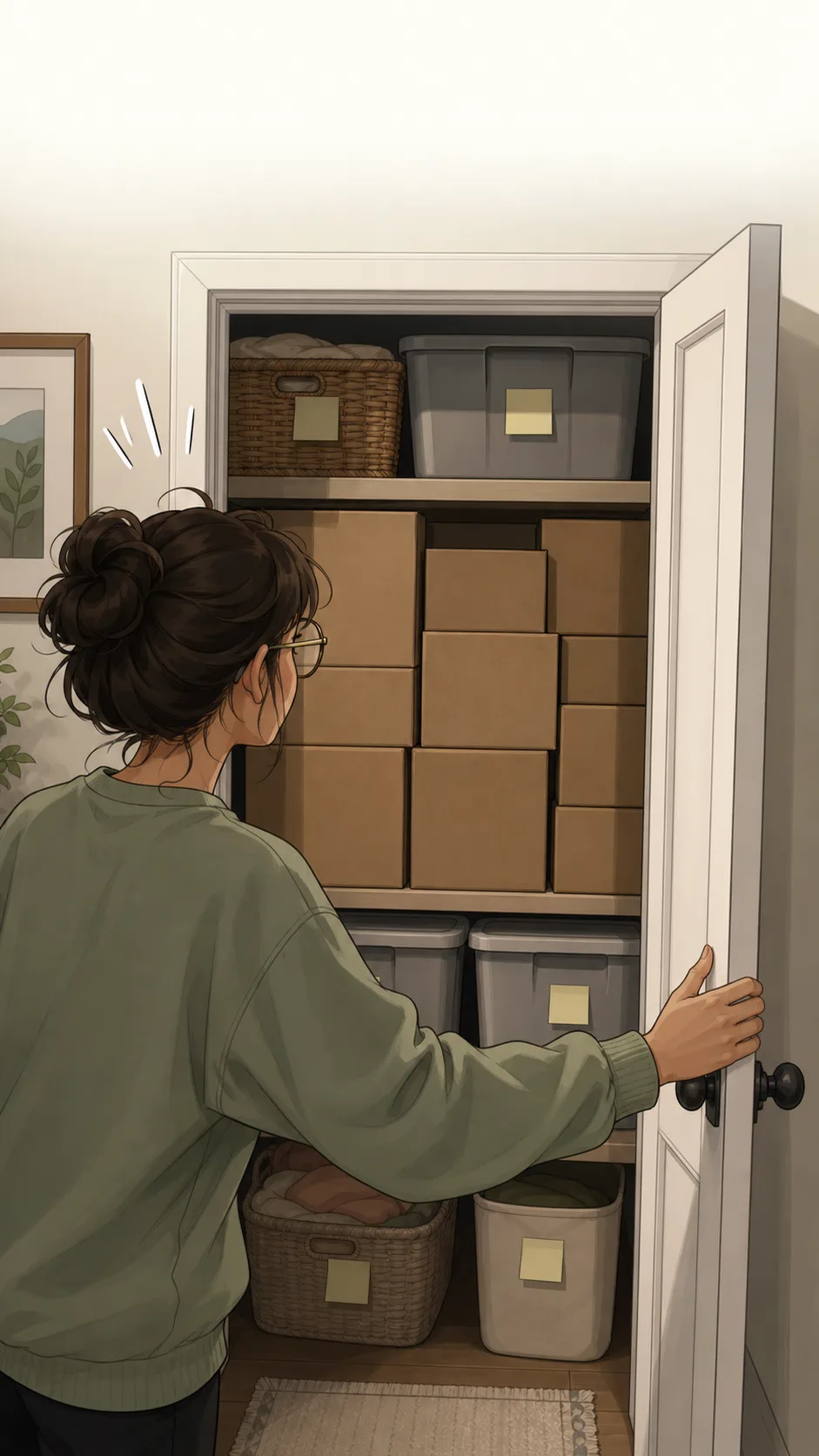 Mara opens the closet and sees her shelf blocked by stacked cardboard boxes.