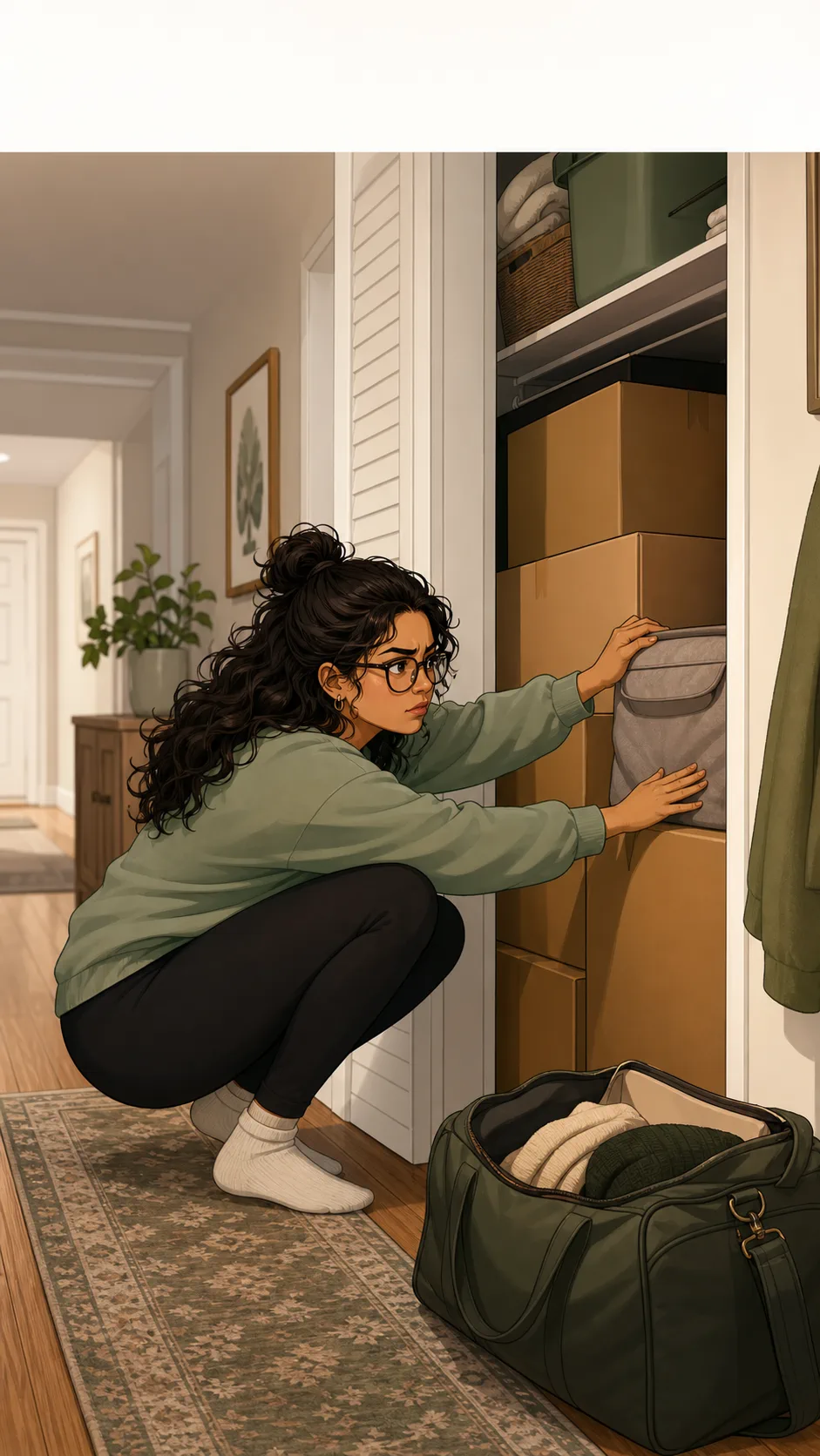 Mara crouches beside an open overnight bag while trying to reach a bin blocked by boxes.
