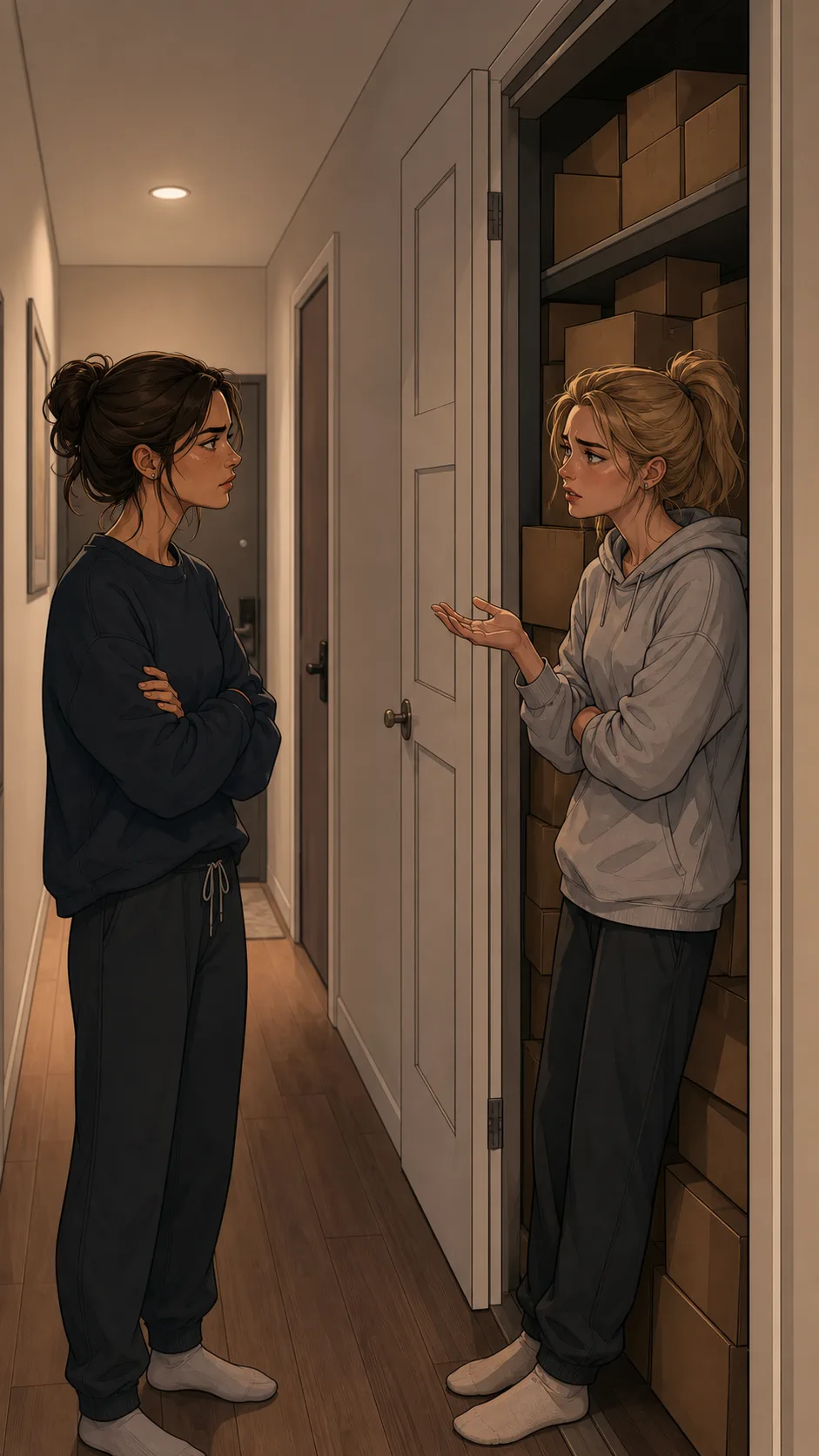 Mara and Elise discuss the stacked boxes in front of the open hallway closet.